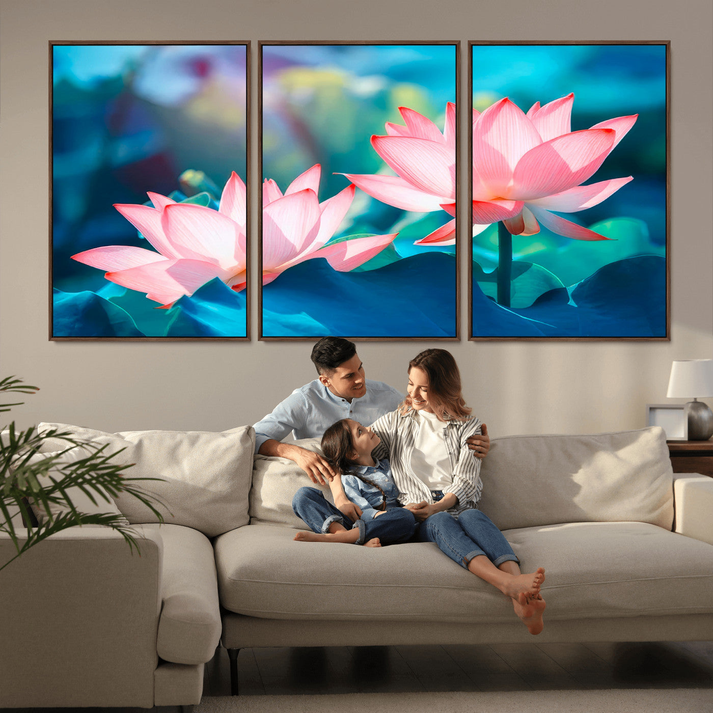MGV-FC-60X30-3P - Pink Lotus Flower Canvas Wall Art | Vibrant Floral Wall Decor for Living Room, Office, or Bedroom | Large Botanical Art