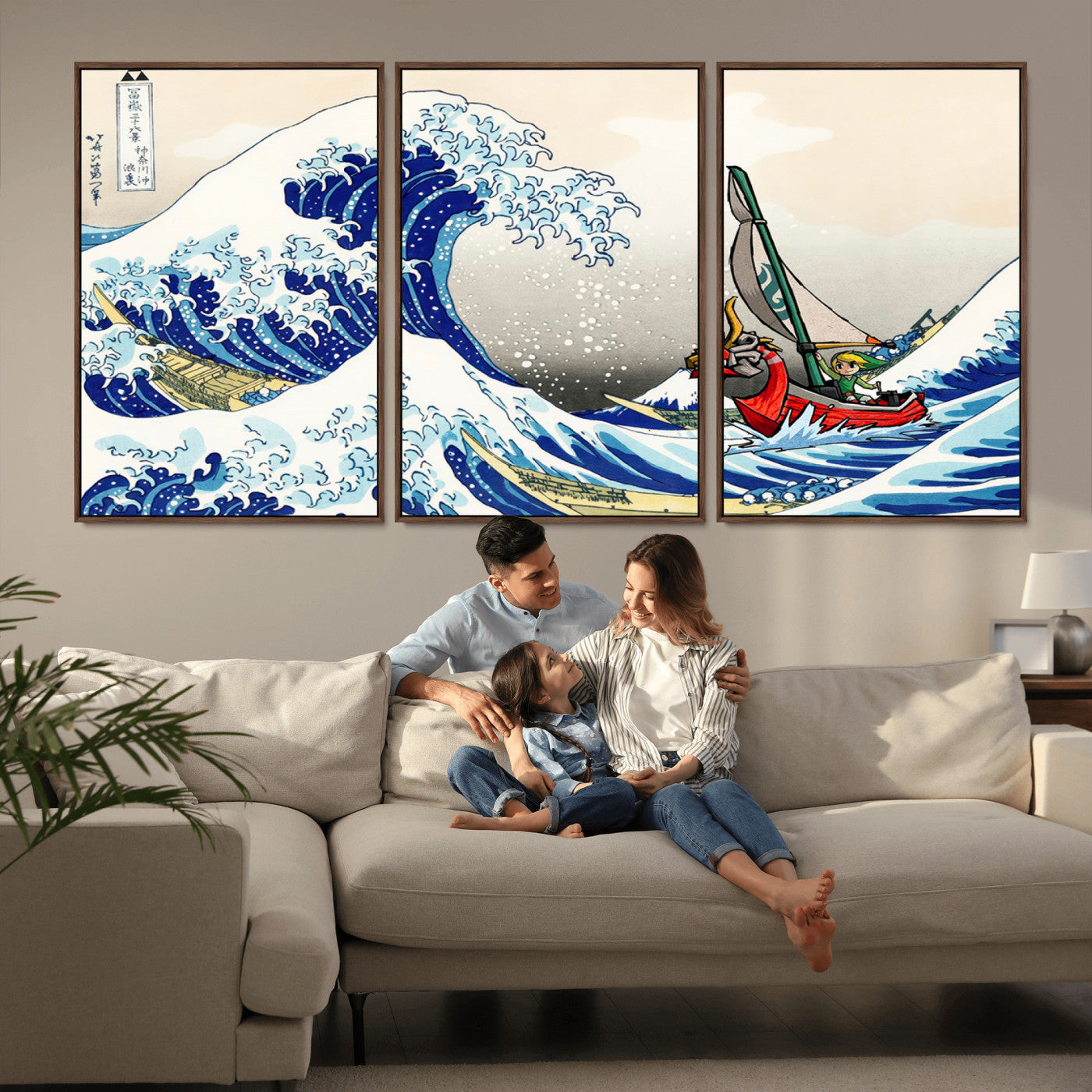 MGV-FC-60X30-3P - Katsushika Hokusai Kanagawa Giant Wave Wall Art Canvas Print | Iconic Japanese Art for Living Room