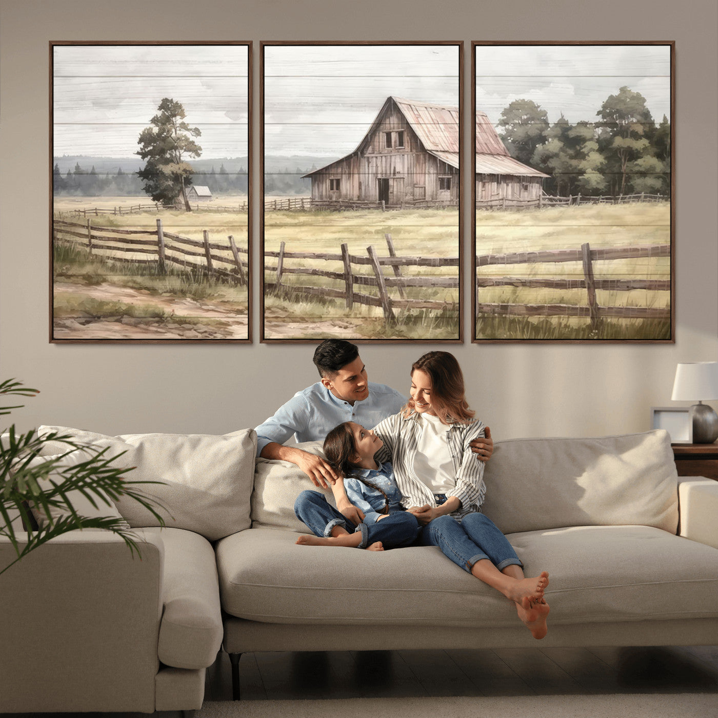 MGV-FC-60X30-3P - Rustic Farmhouse Barn Wall Art | 3-Panel Framed Gallery Wrap Giclee Canvas Print for Living Room, Farmhouse, or Office | Country Landscape Wall Art