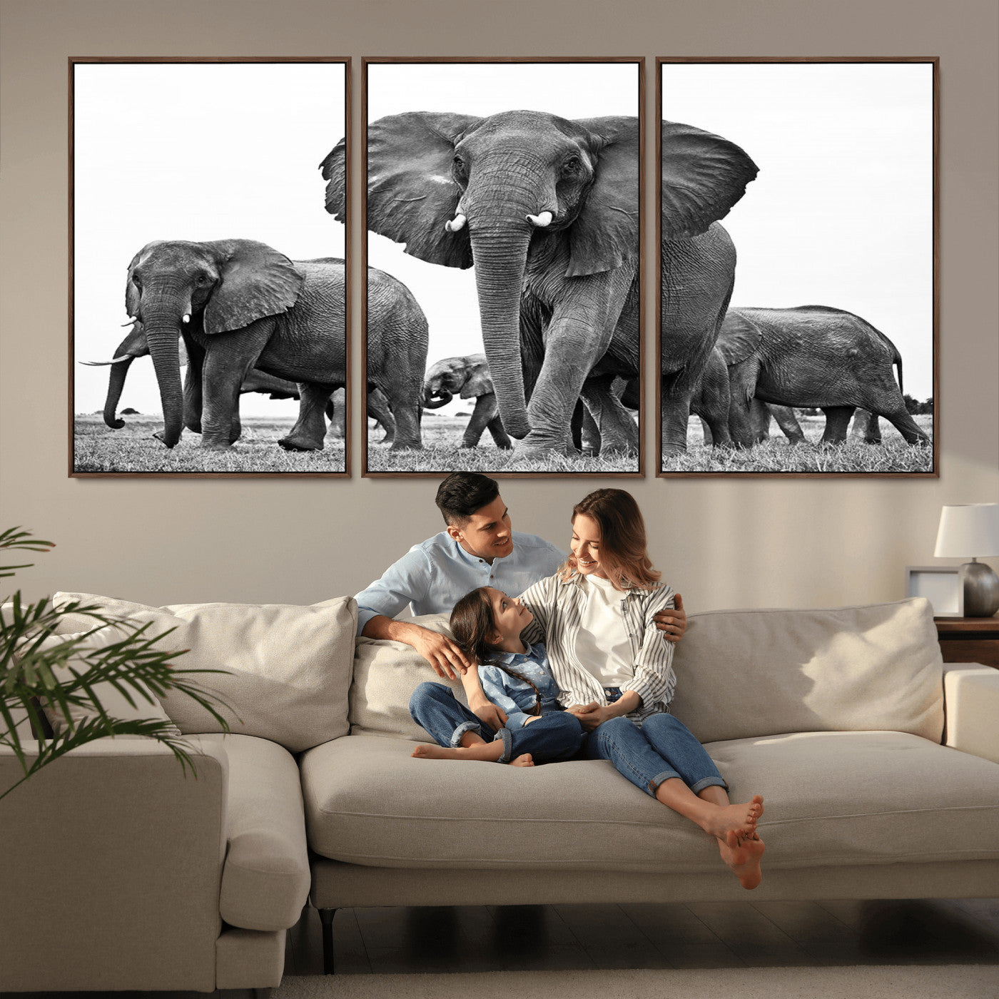 MGV-FC-60X30-3P - Black White Elephant Family Wall Art Canvas Print