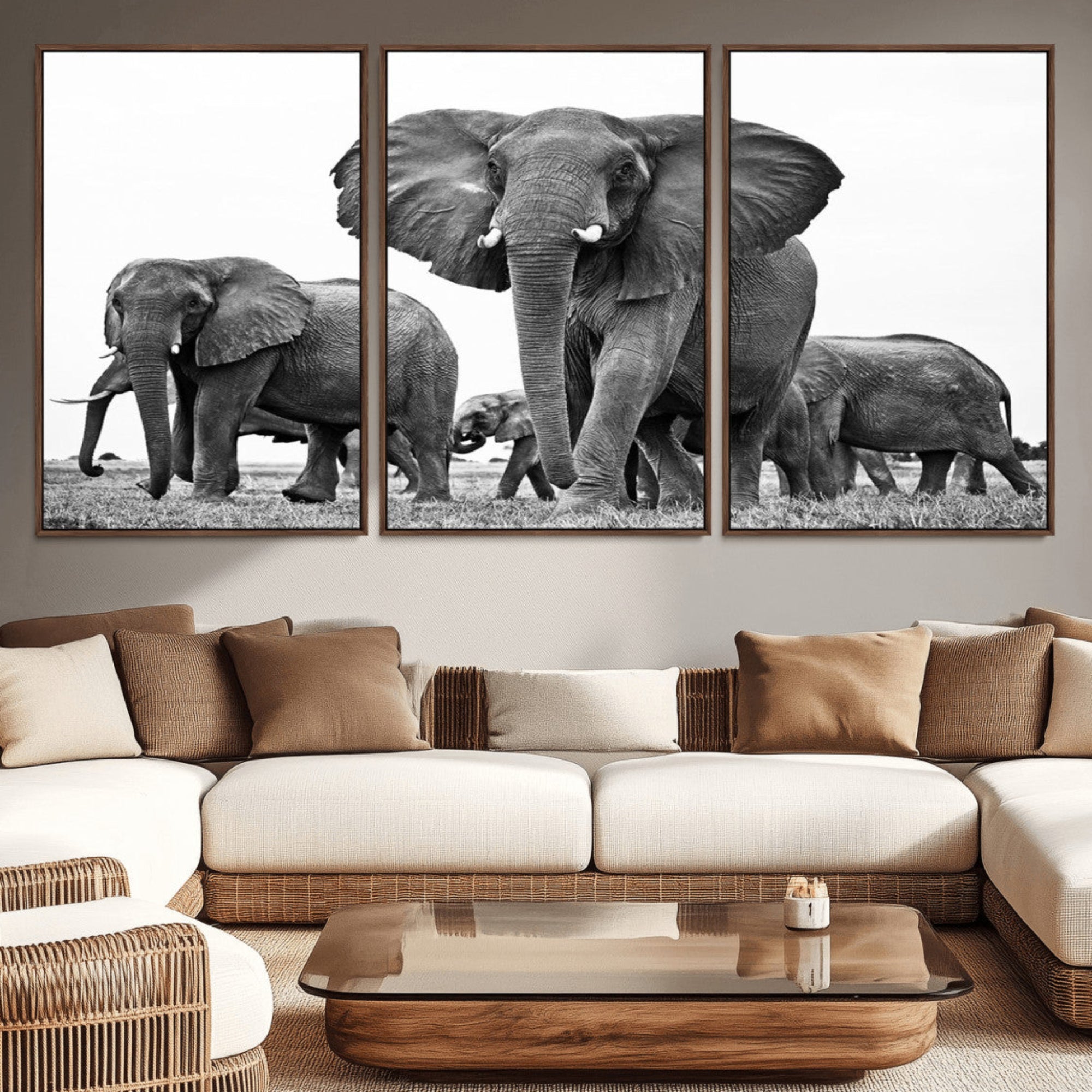 91685-MGV-CV-36X24-Black White Elephant Family Wall Art Canvas Print