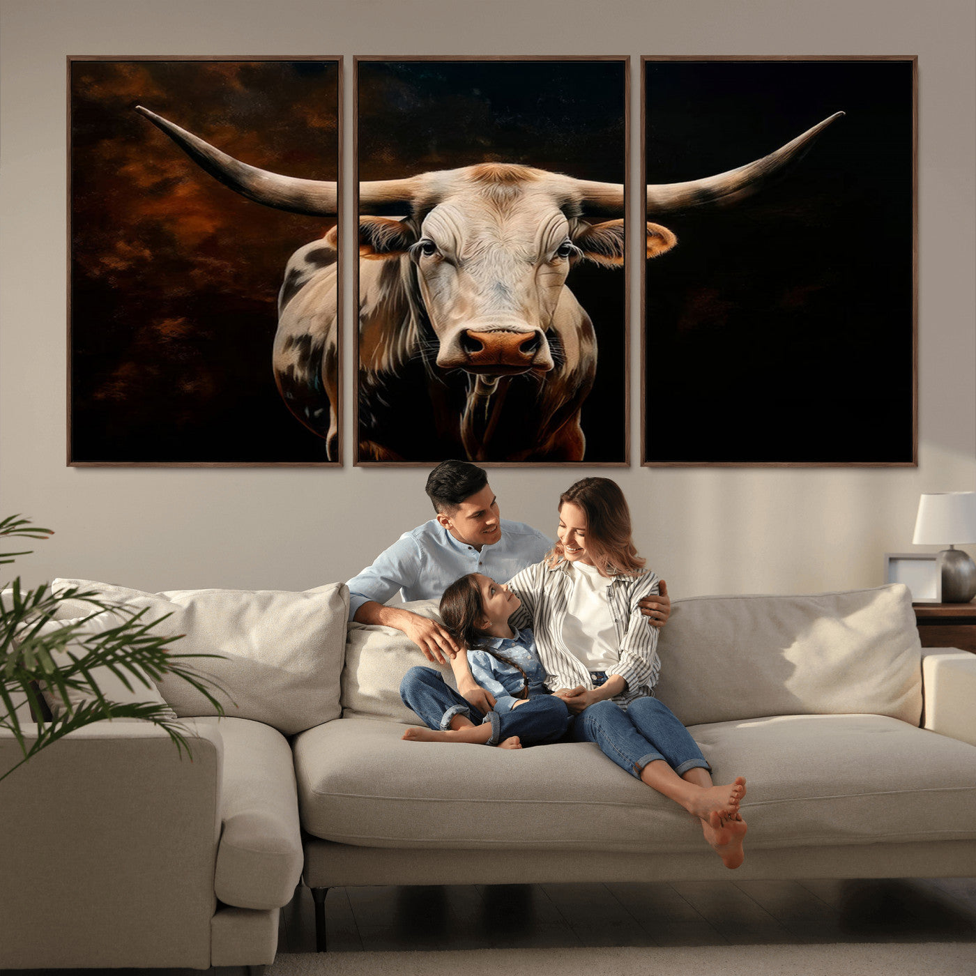 MGV-FC-60X30-3P - Texas Longhorn Wall Art | 3-Panel Large Texas Longhorn Canvas Print for Living Room, Office, or Farmhouse Decor | Framed Giclee Longhorn Wall Art