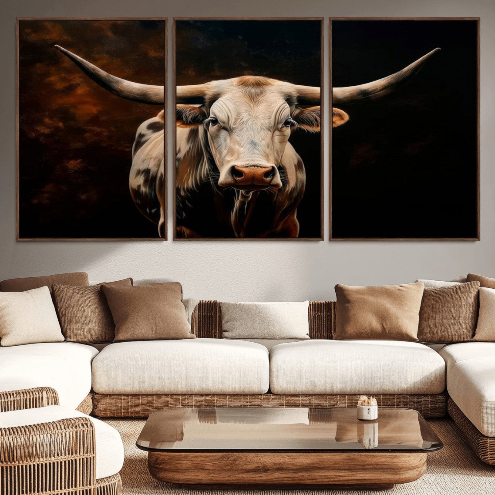 70522-MGV-CV-36X24-Texas Longhorn Wall Art | 3-Panel Large Texas Longhorn Canvas Print for Living Room, Office, or