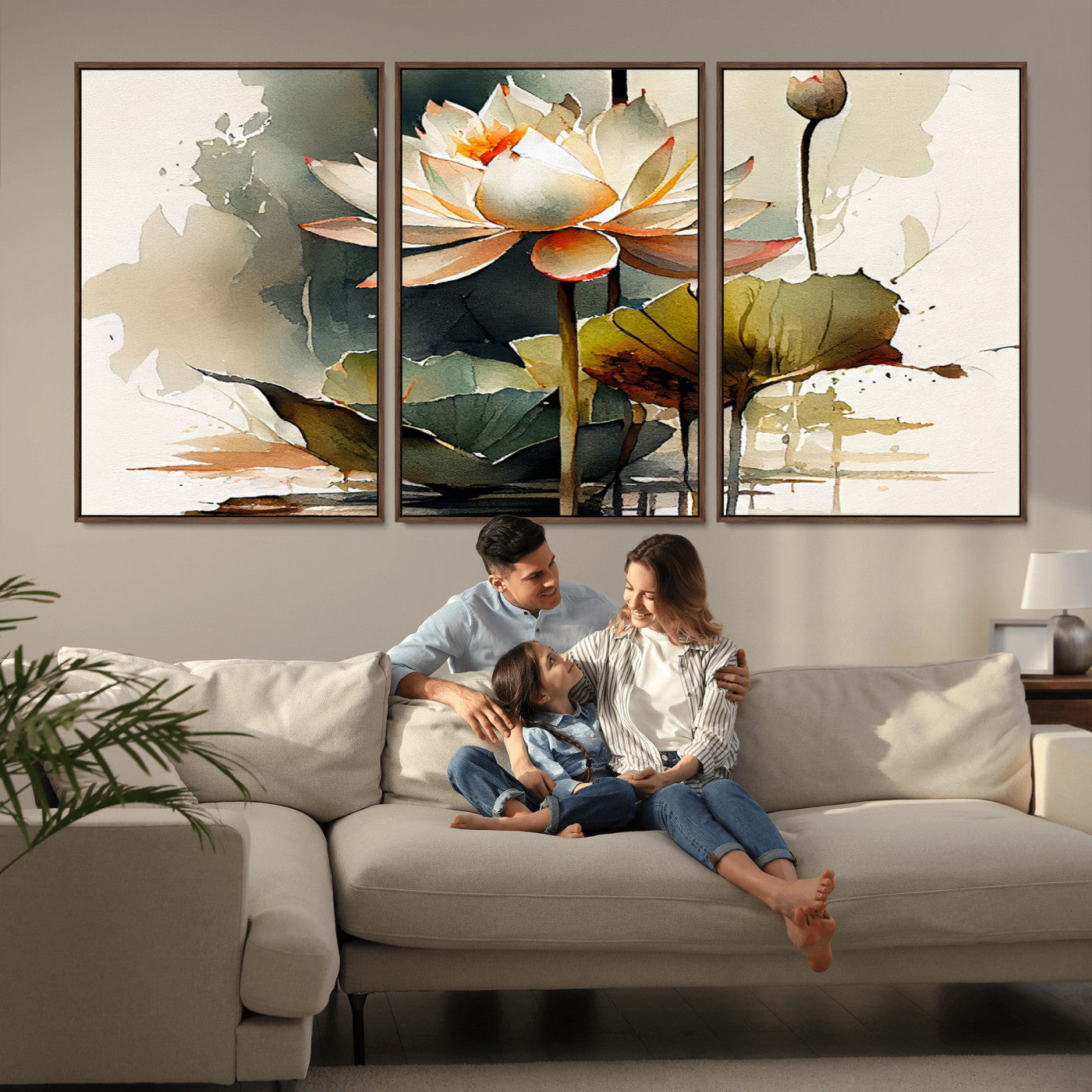 MGV-FC-60X30-3P - Lotus Flower Watercolor Canvas Print – A Symbol of Serenity and Growth, Captured in Soft Watercolors – Contemporary Wall Art for Tranquil Spaces