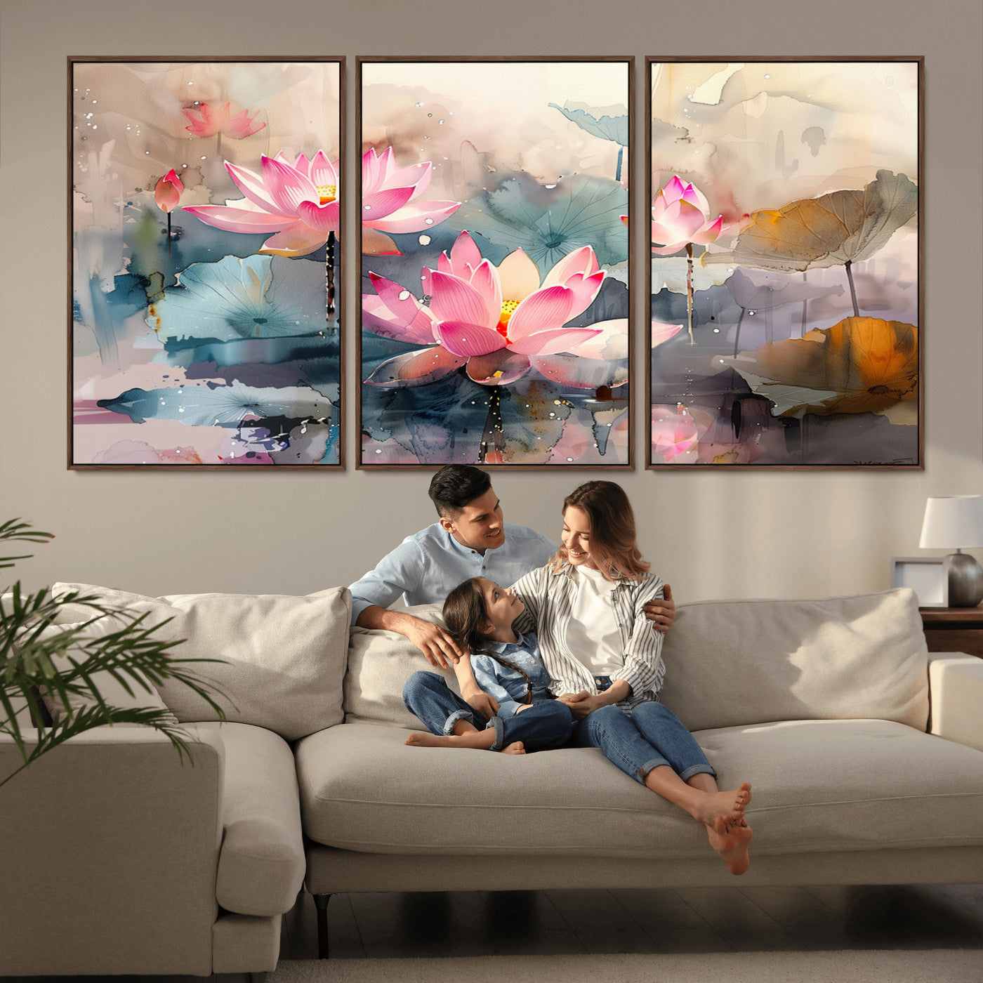 MGV-FC-60X30-3P - Lotus Flower Wall Art | 3-Panel Giclee Canvas Print of Pink Lotus Blossoms for Living Room, Bedroom, Office | Framed Lotus Floral Wall Art Decor Print