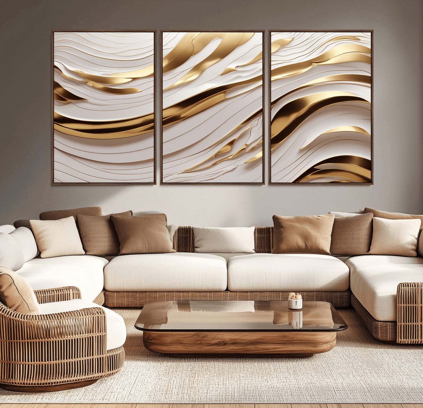 -Gold and White Abstract Wave Canvas – Elegant Flowing Design with Luxurious Golden Accents –