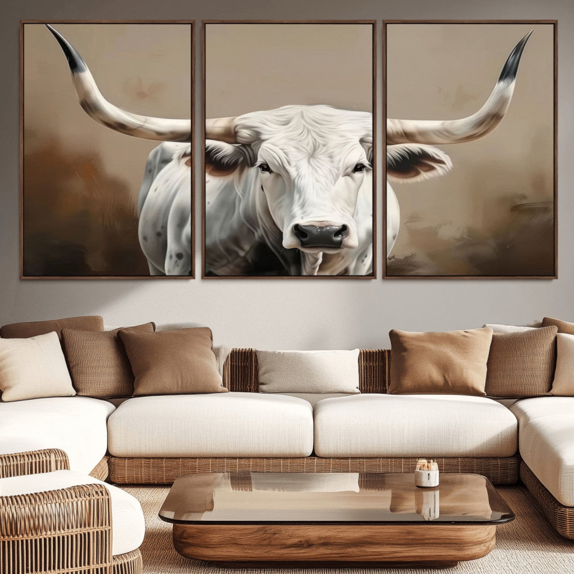 61423-MGV-CV-36X24-White Longhorn Bull Wall Art Canvas Print – Framed and Ready to Hang – Perfect for Farmhouse and