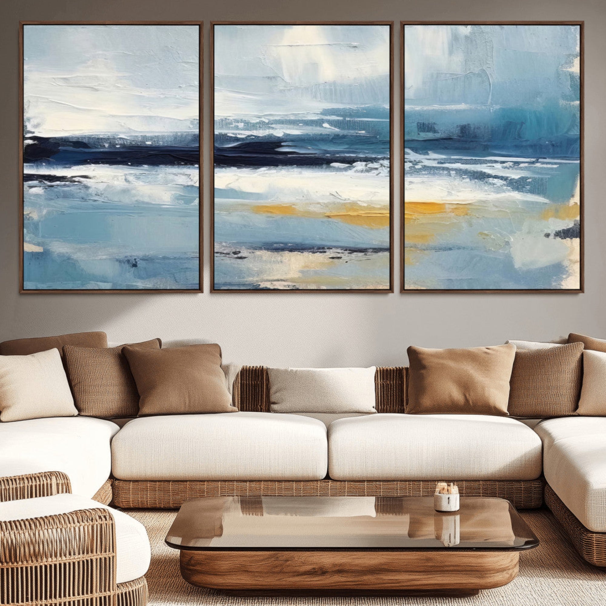 19746-MGV-CV-36X24-Abstract Ocean Canvas Wall Art - Coastal Blue and Gold Textured Painting, Modern Seascape Decor for