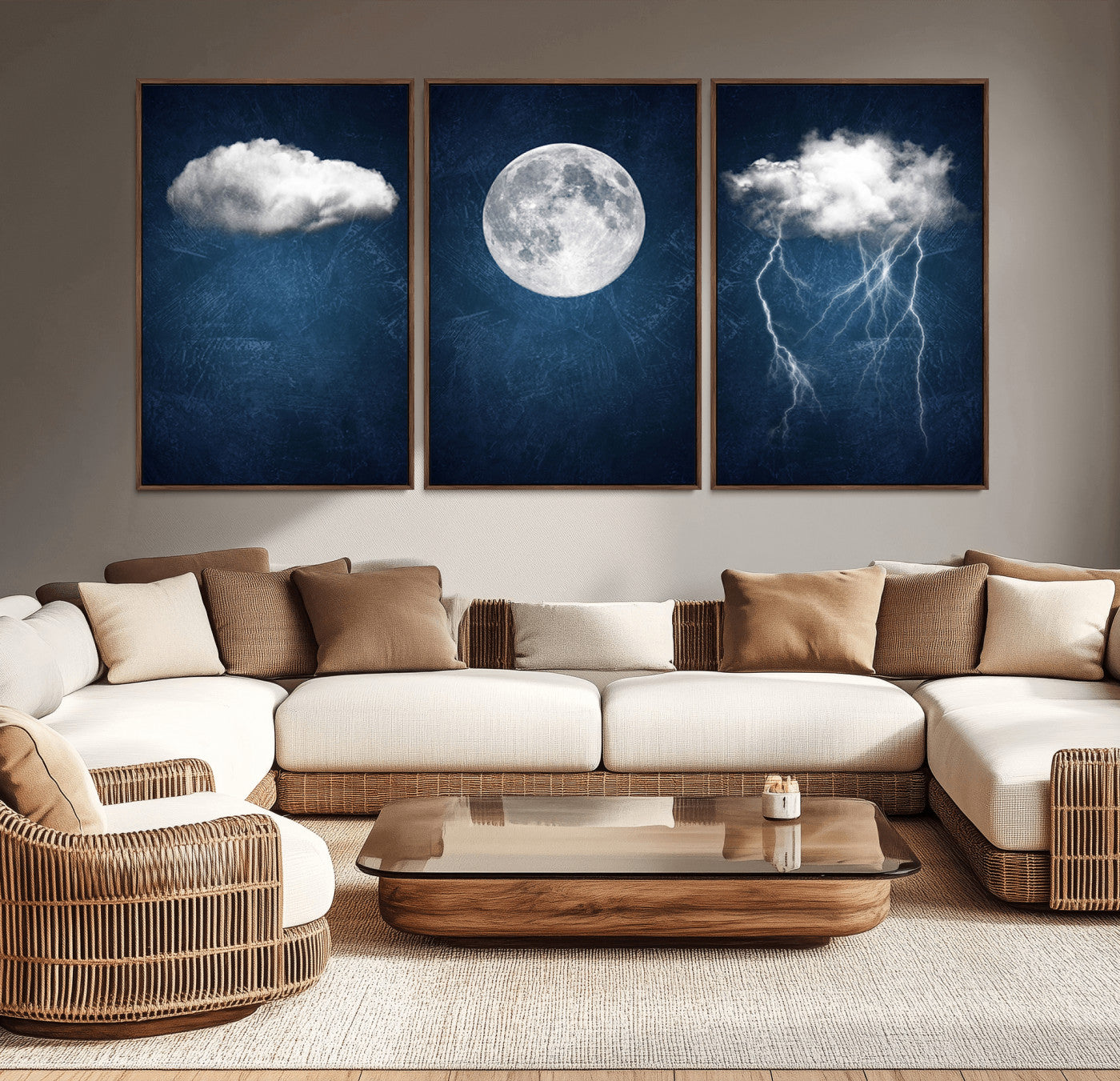 -Dark Blue Cloud Art, 3 Piece Indigo Blue Wall Art, Aesthetic Surreal Art, Thunderstorm Moon Cloud