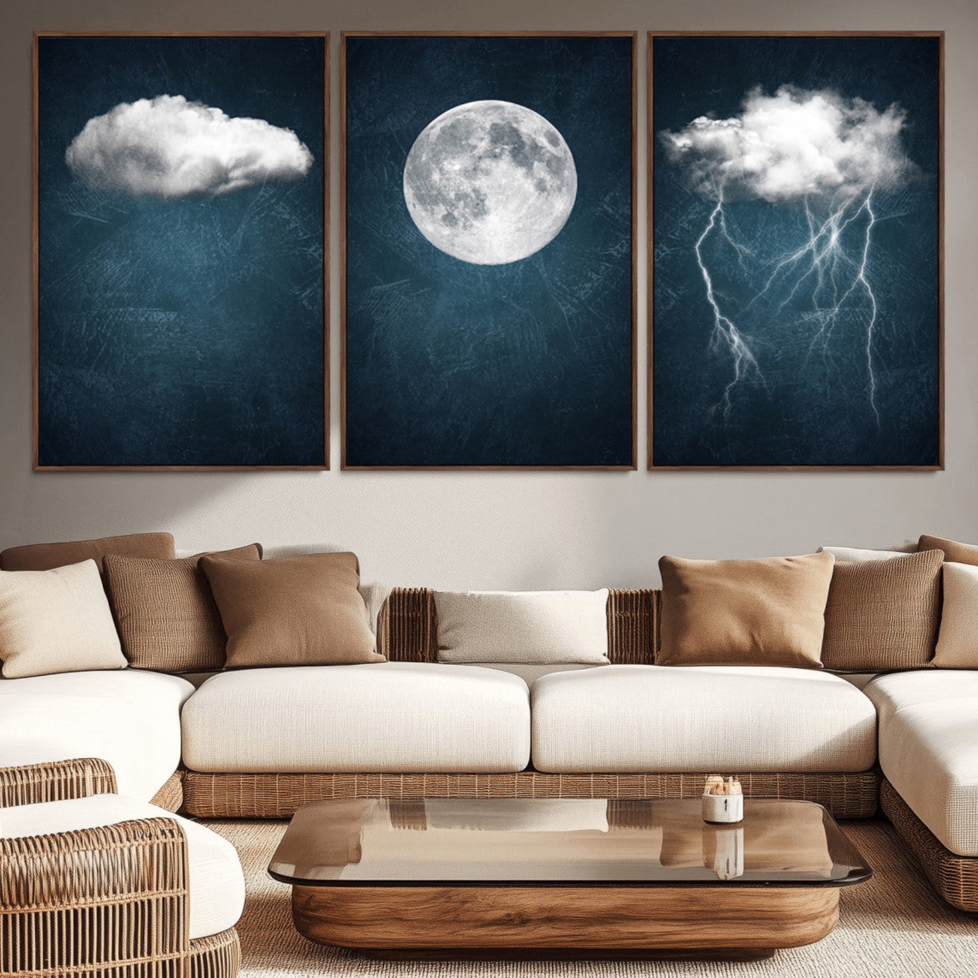 17673-MGV-CV-36X24-3 Piece Indigo Cloud Wall Art, Thunderstorm Moon Cloud Artworks