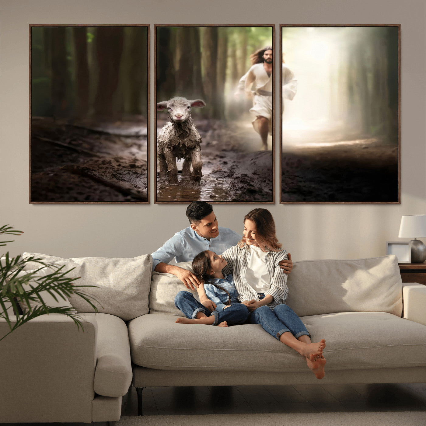 MGV-FC-60X30-3P - Jesus Canvas Wall Art - Jesus Running After Lost Lamb, Jesus, Christian Home Decor - Church Wall Art