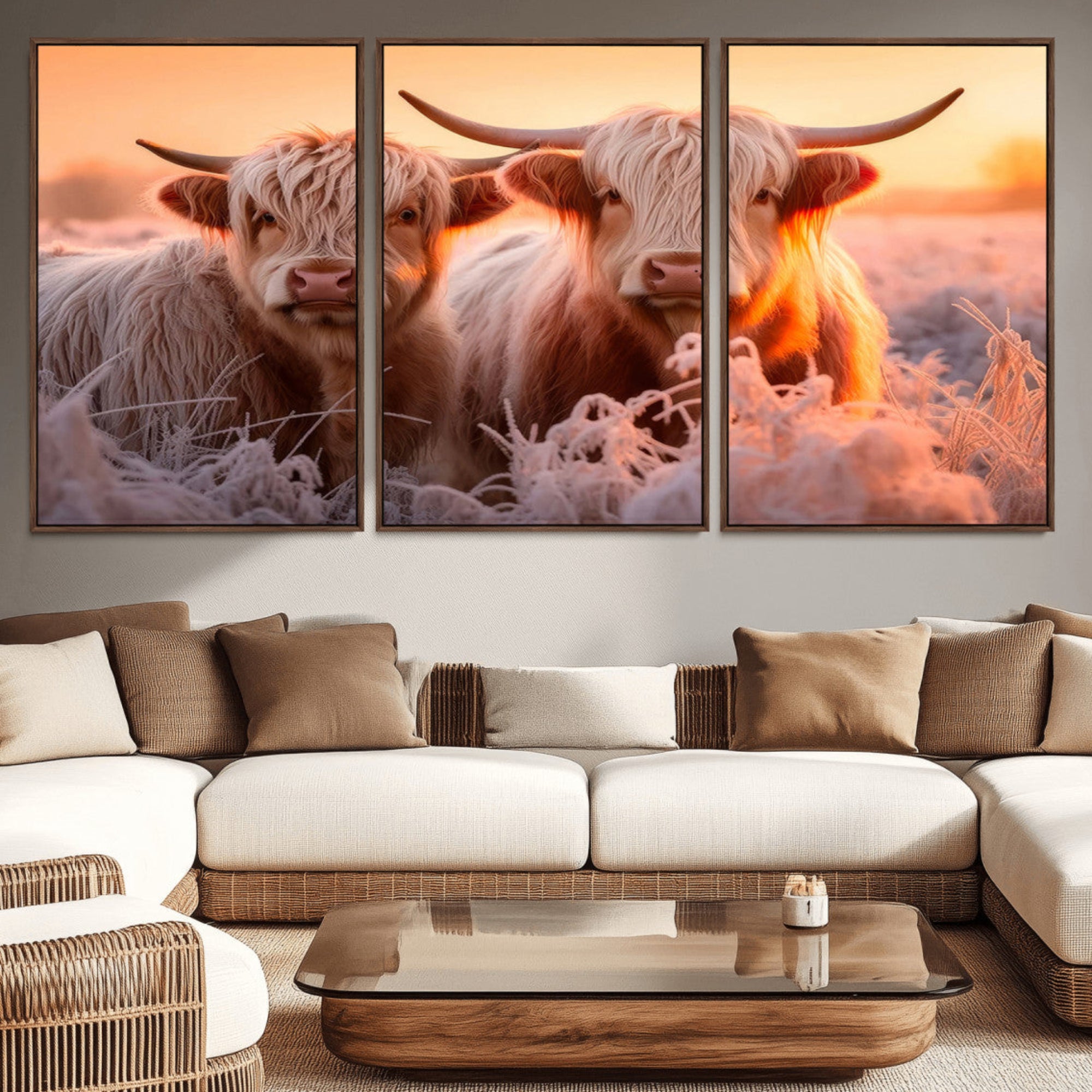 68253-MGV-CV-36X24-Highland Cows at Sunrise Wall Art Canvas Set – Serene and Rustic Farmhouse Decor