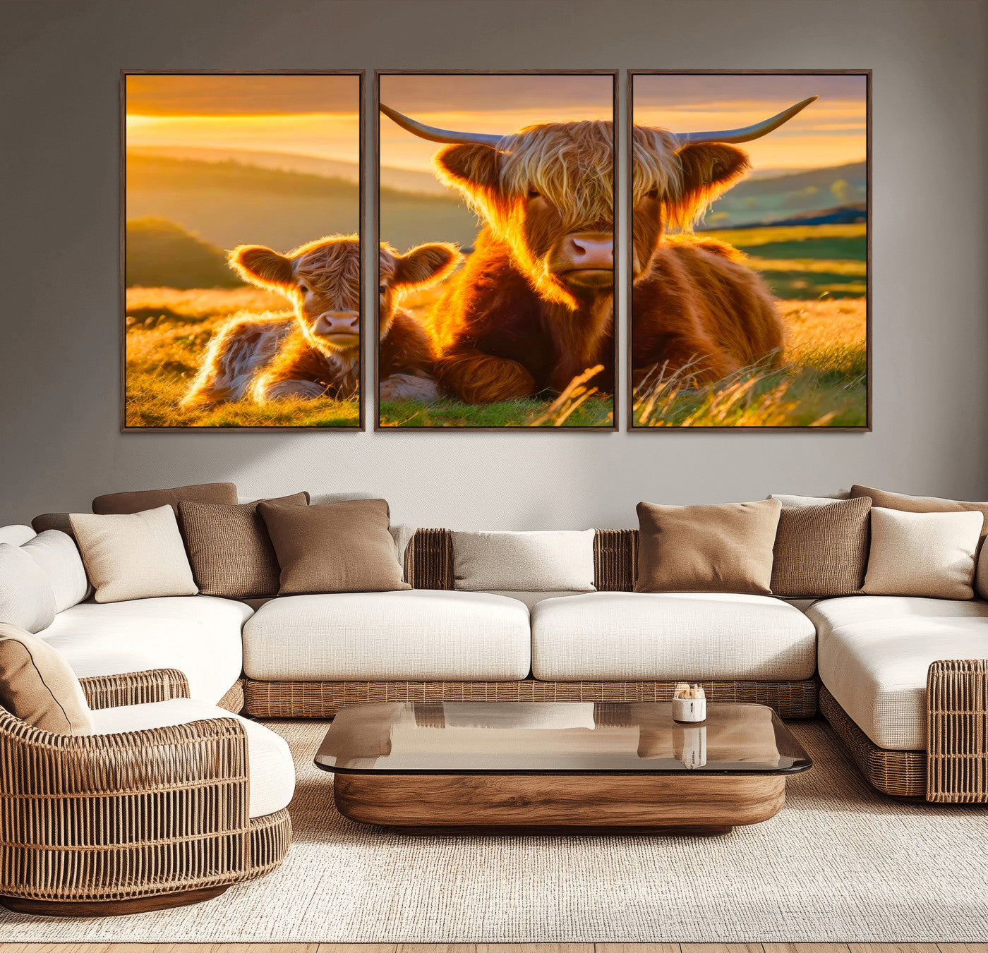 -Scottish Cow and Baby Cow Canvas Wall Art Animal Print Fluffy Cattle Framed Farmhouse Decor
