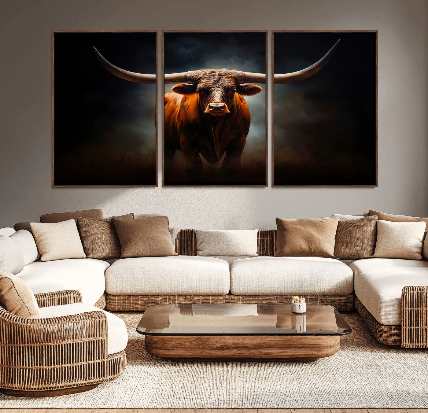 48896-MGV-CV-36X24-Abstract Texas Longhorn Wall Art Print | 3-Panel Large Texas Longhorn Canvas Print for Living Room,