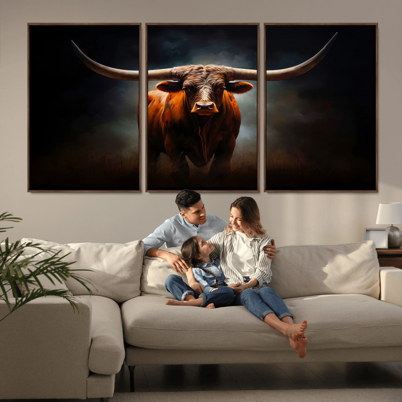 MGV-FC-60X30-3P - Abstract Texas Longhorn Wall Art Print | 3-Panel Large Texas Longhorn Canvas Print for Living Room, Office  Farmhouse Decor | Framed Longhorn Wall Art