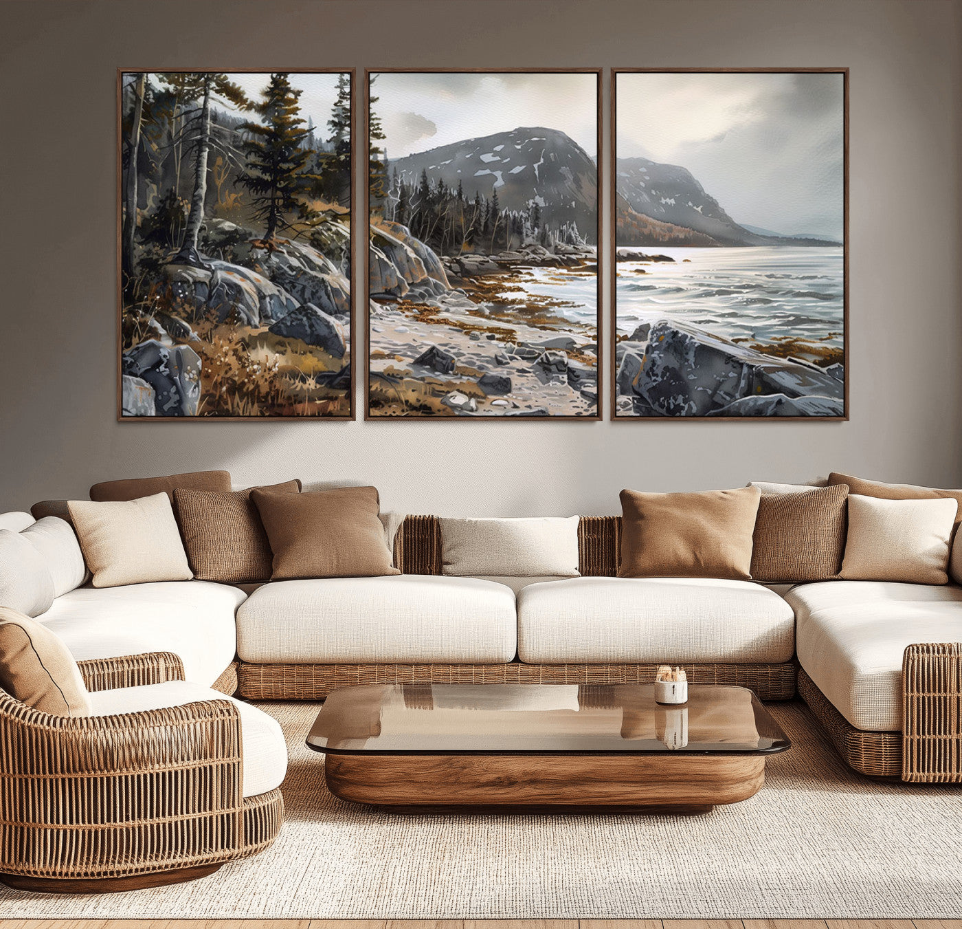 -Serene Coastal View of Acadia National Park - Stunning 3-Panel Wall Art Canvas Print, Framed, Ready