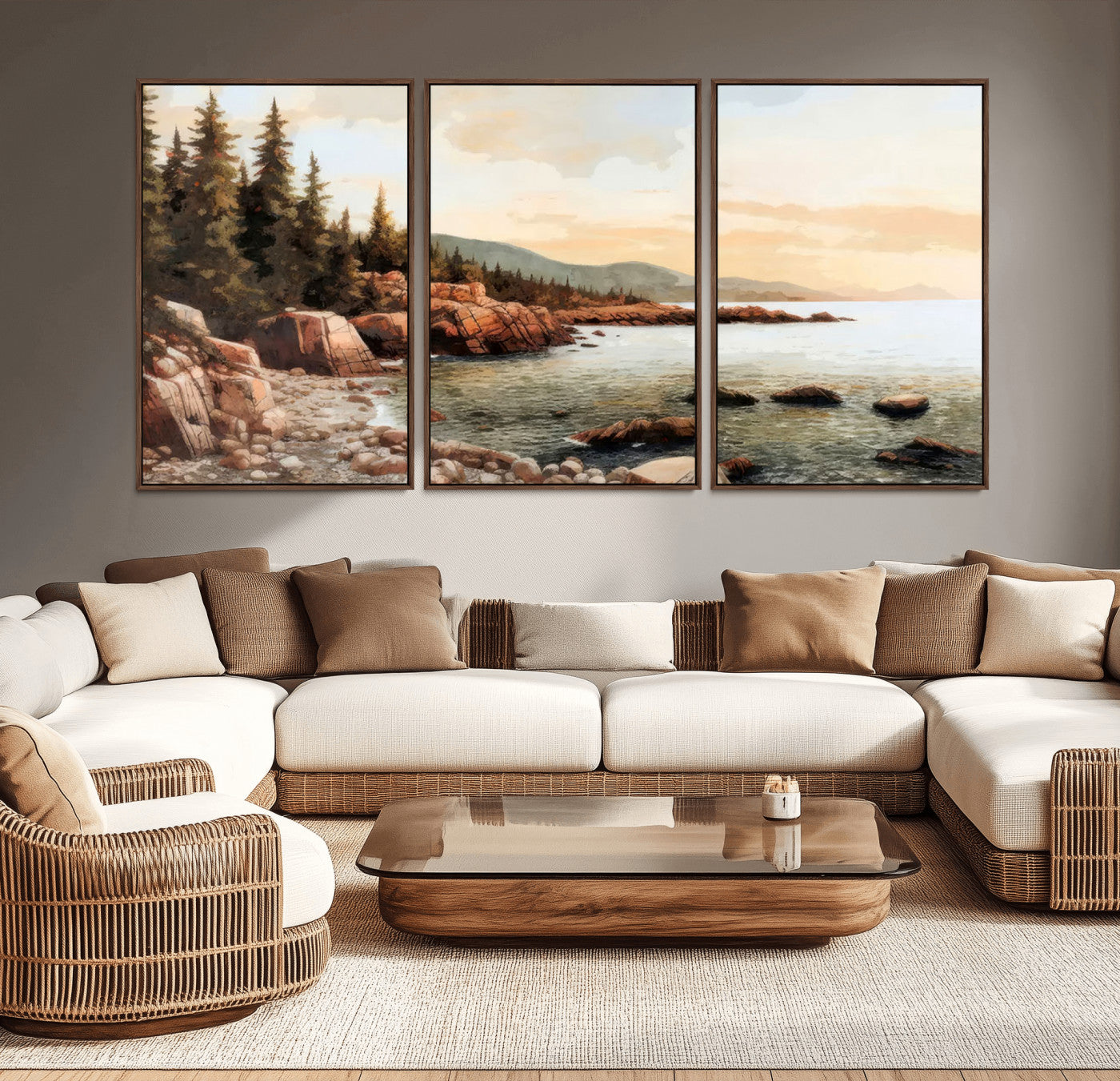 MGV-FC-60X30-3P - Serene Coastal View of Acadia National Park Wall Art - Stunning 3-Panel Wall Art Canvas Print,