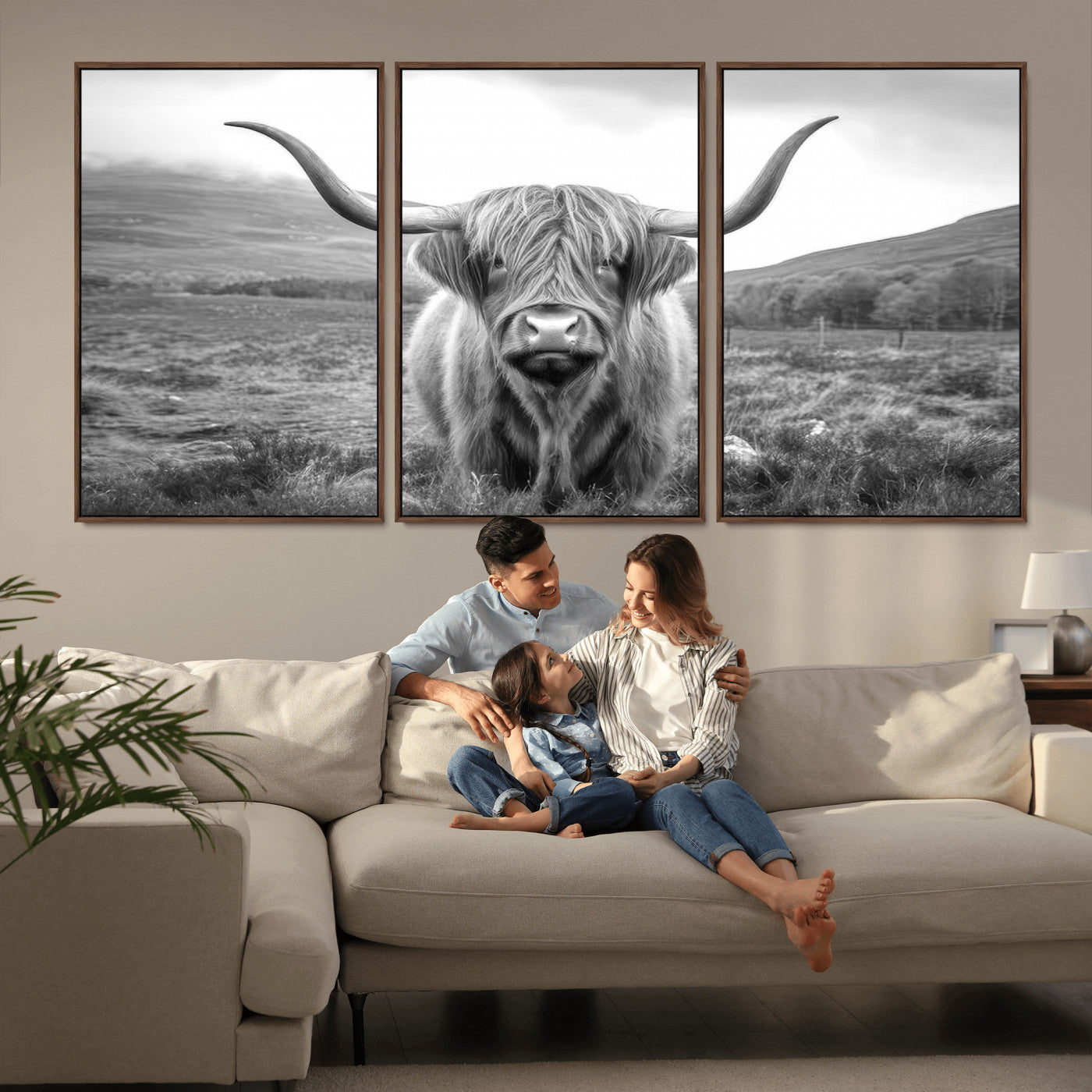 MGV-FC-60X30-3P - Black White Scottish Highland Cow Canvas Farm Wall Art Canvas Print