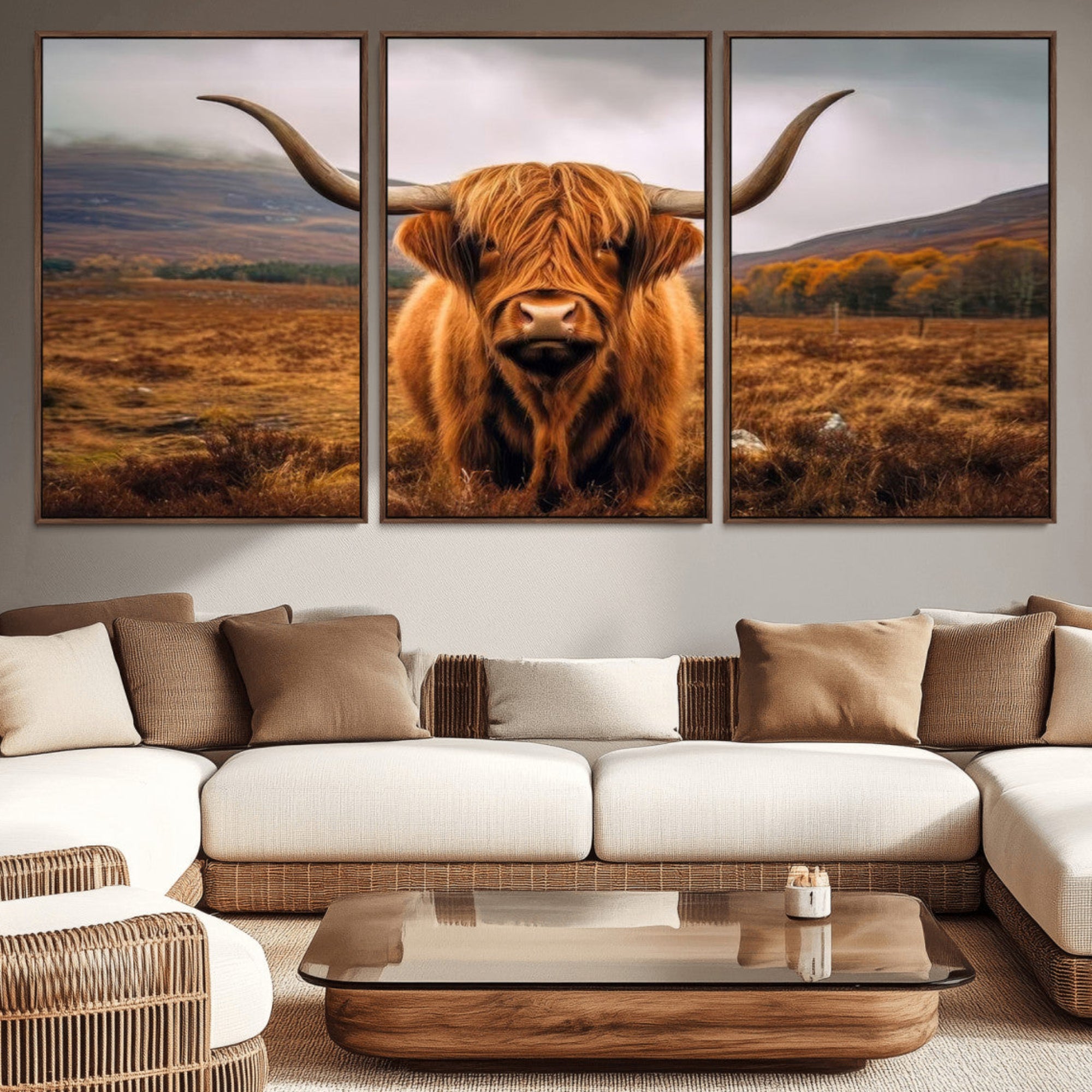 65529-MGV-CV-36X24-Highland Cow Longhorn Wall Art – Rustic Canvas Print, Framed and Ready to Hang for Farmhouse Décor
