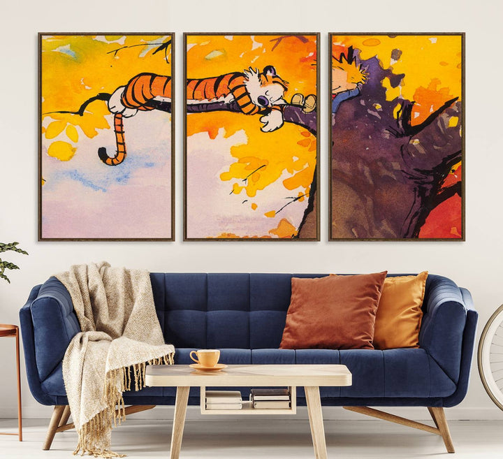 Premium canvas Calvin Wall Arts featuring a boy and tiger relaxing on a branch.