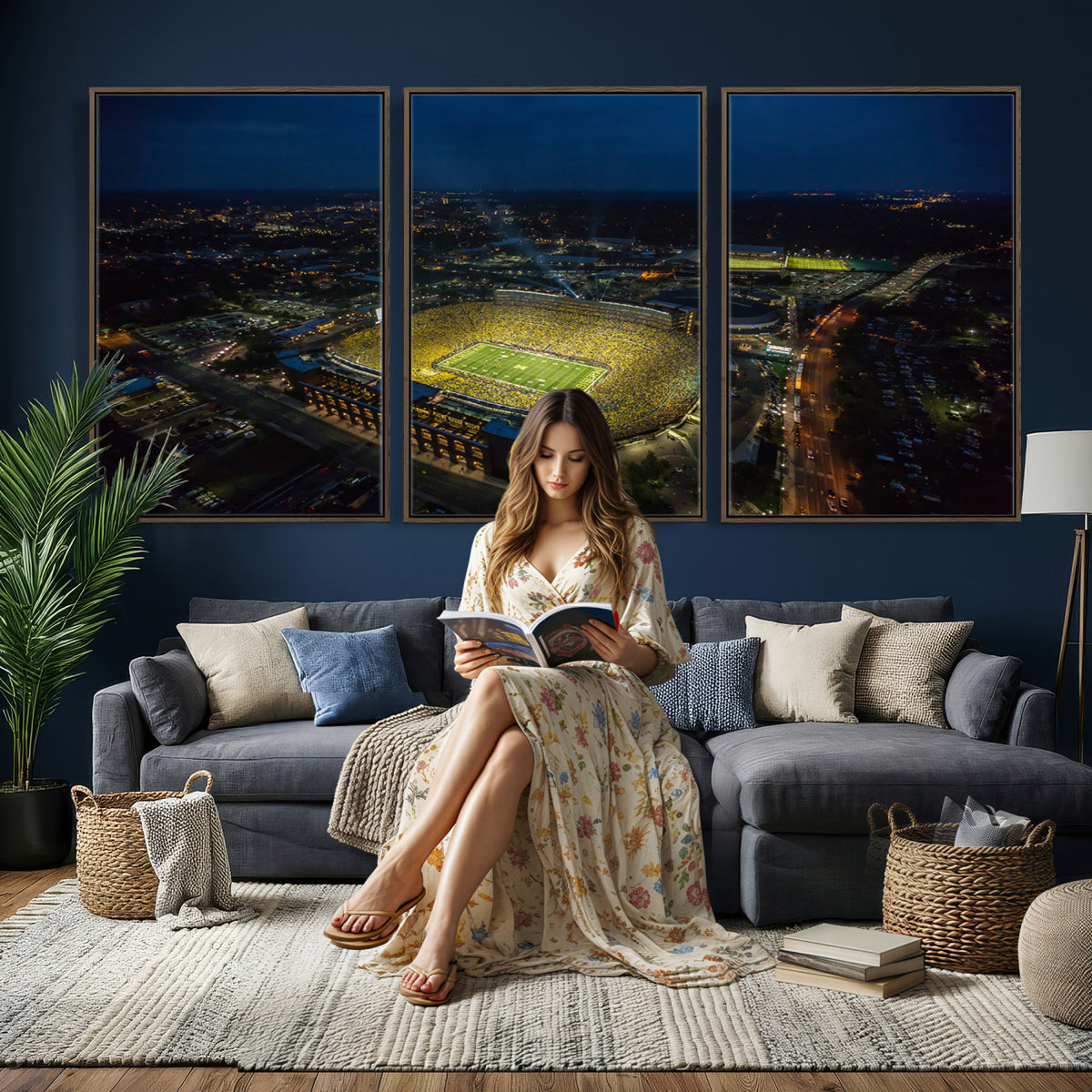 33588-MGV-CV-36X24 - Michigan Stadium Night Game Wall Art | Sports Arena Aerial View Canvas