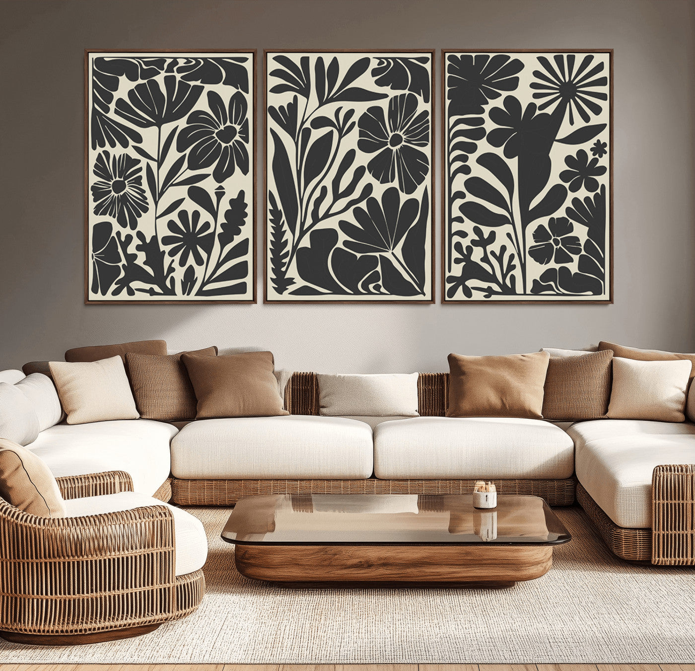 MGV-FC-60X30-3P - Modern Botanical Wall Art - Floral Black and White Canvas Print, Framed, Ready to Hang