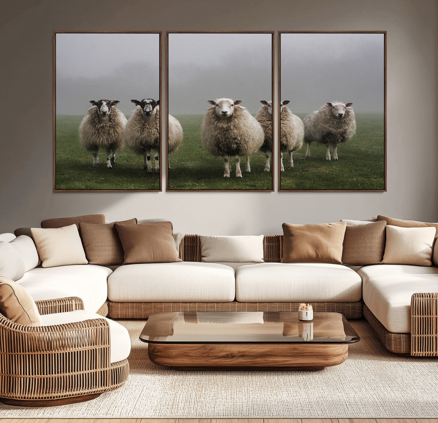 -Flock of Sheep in a Mystical Fog – Pastoral Wall Art Canvas Print, Framed, Ready to Hang