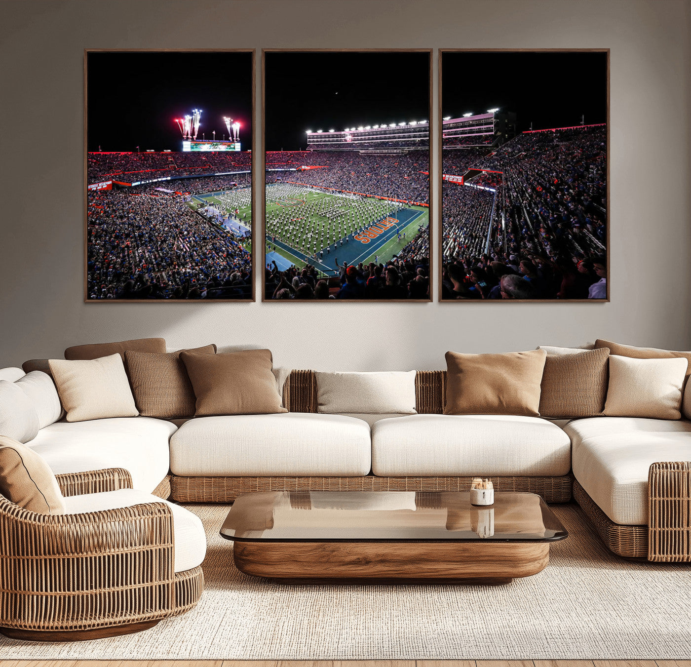 MGV-FC-60X30-3P - Ben Hill Griffin Stadium Night Game Triple Canvas Wall Art - Florida Gators Football Match