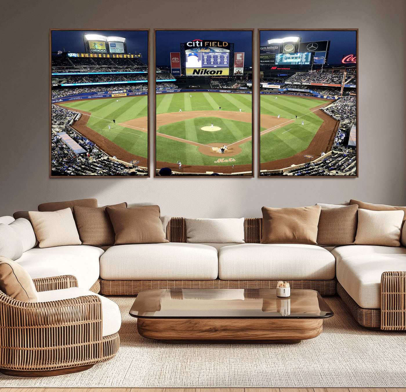 MGV-FC-60X30-3P - Citi Field Wall Art Print | 3-Panel New York Mets Baseball Stadium Canvas Print | Framed Sports Decor for Living Room, Man Cave, or Office Decor