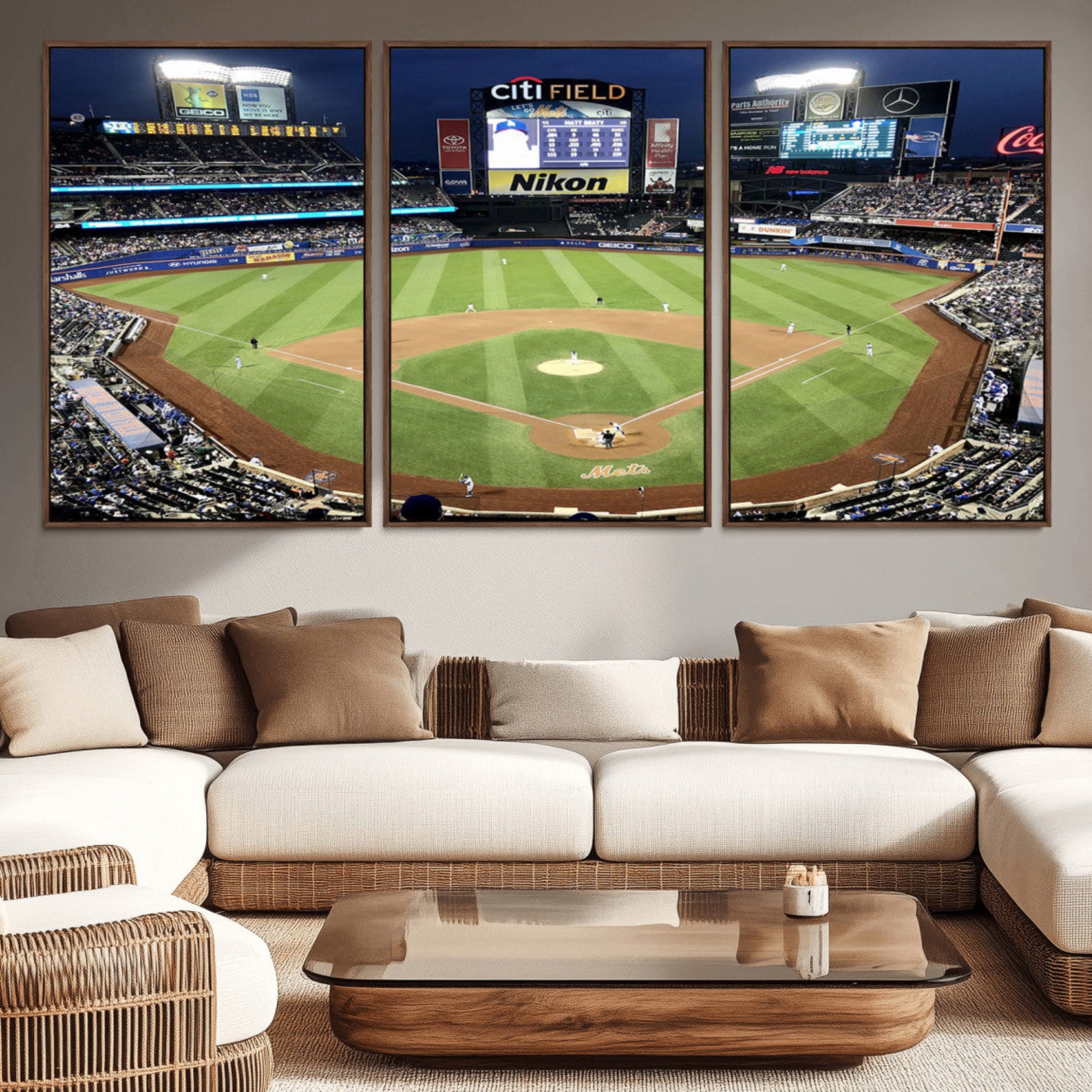 87666-MGV-CV-36X24-Citi Field Wall Art Print | 3-Panel New York Mets Baseball Stadium Canvas Print | Framed Sports