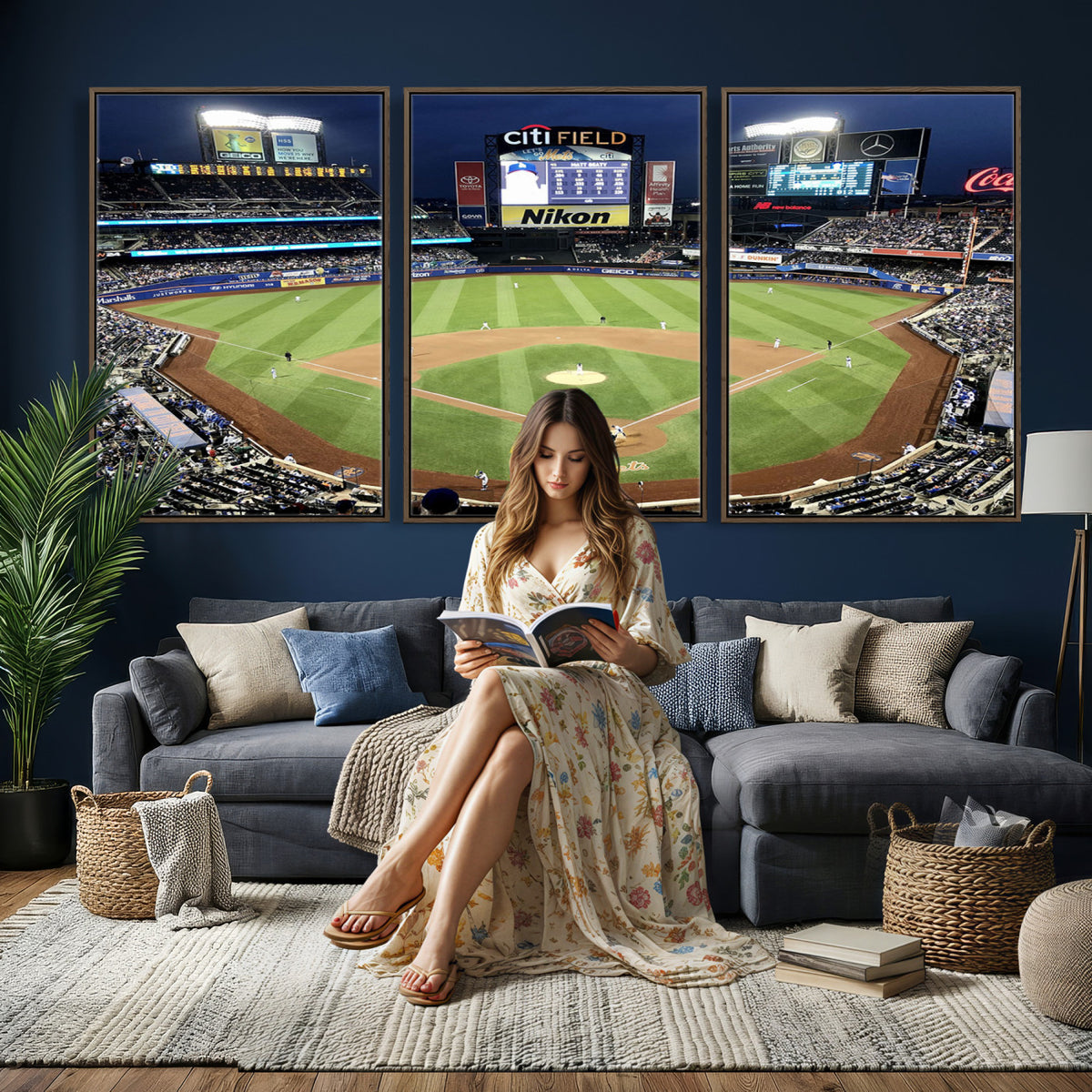 87666-MGV-CV-36X24 - Citi Field Wall Art Print | 3-Panel New York Mets Baseball Stadium Canvas Print | Framed Sports