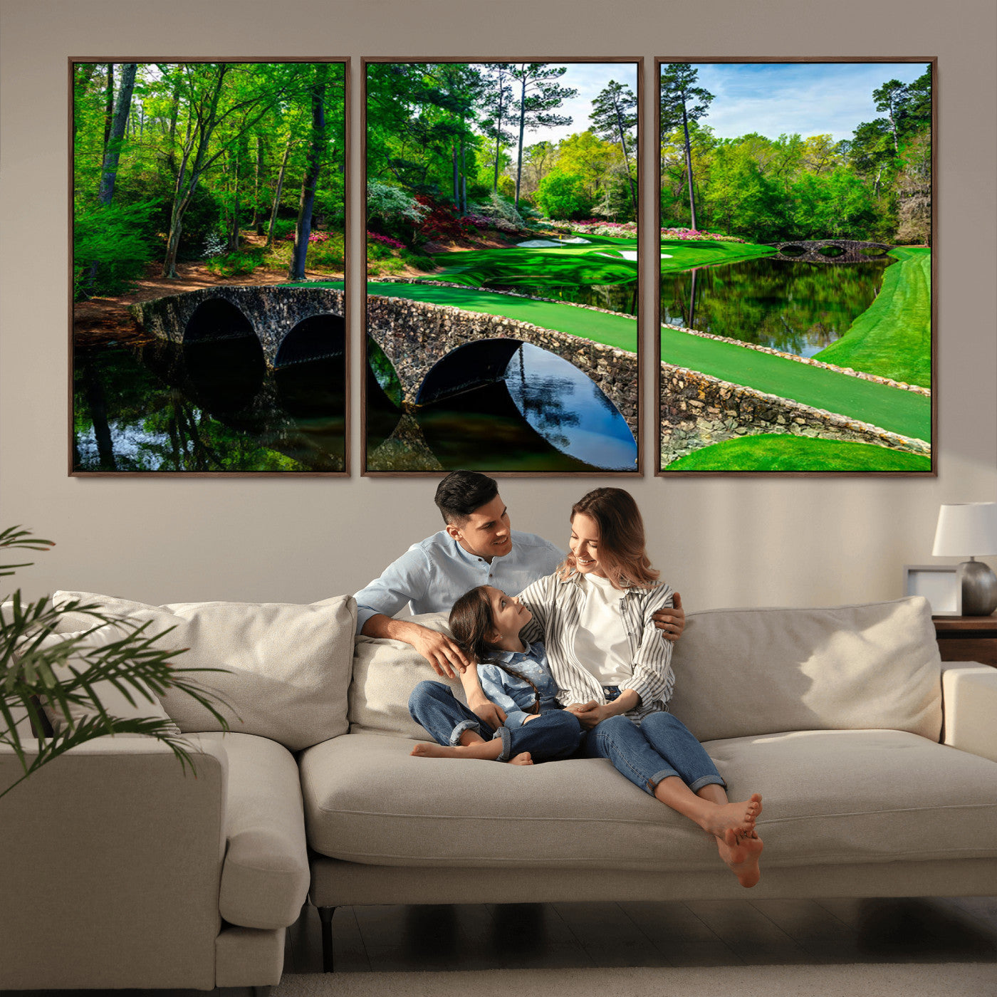 MGV-FC-60X30-3P - Augusta National Golf Club Wall Art - Panoramic Bridge & Lush Greenery – Premium Framed, Ready-to-Hang Triptych Canvas