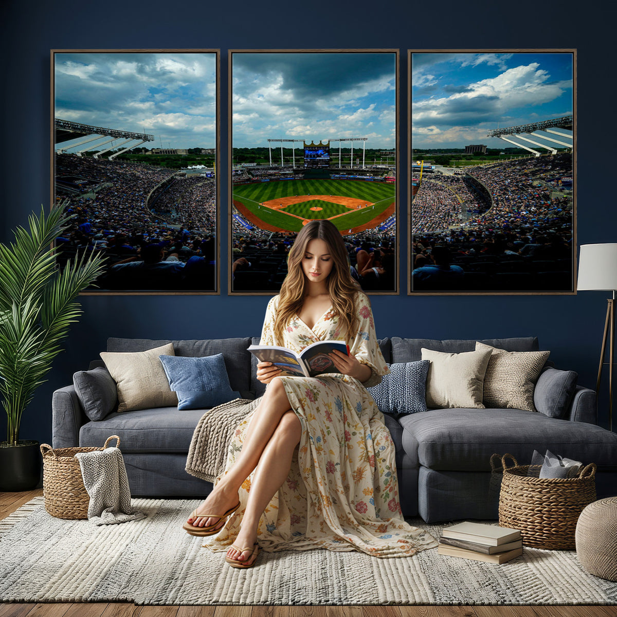 37127-MGV-CV-36X24 - 3-Panel Kauffman Stadium Wall Art Print | Large Kansas City Royals Baseball Canvas