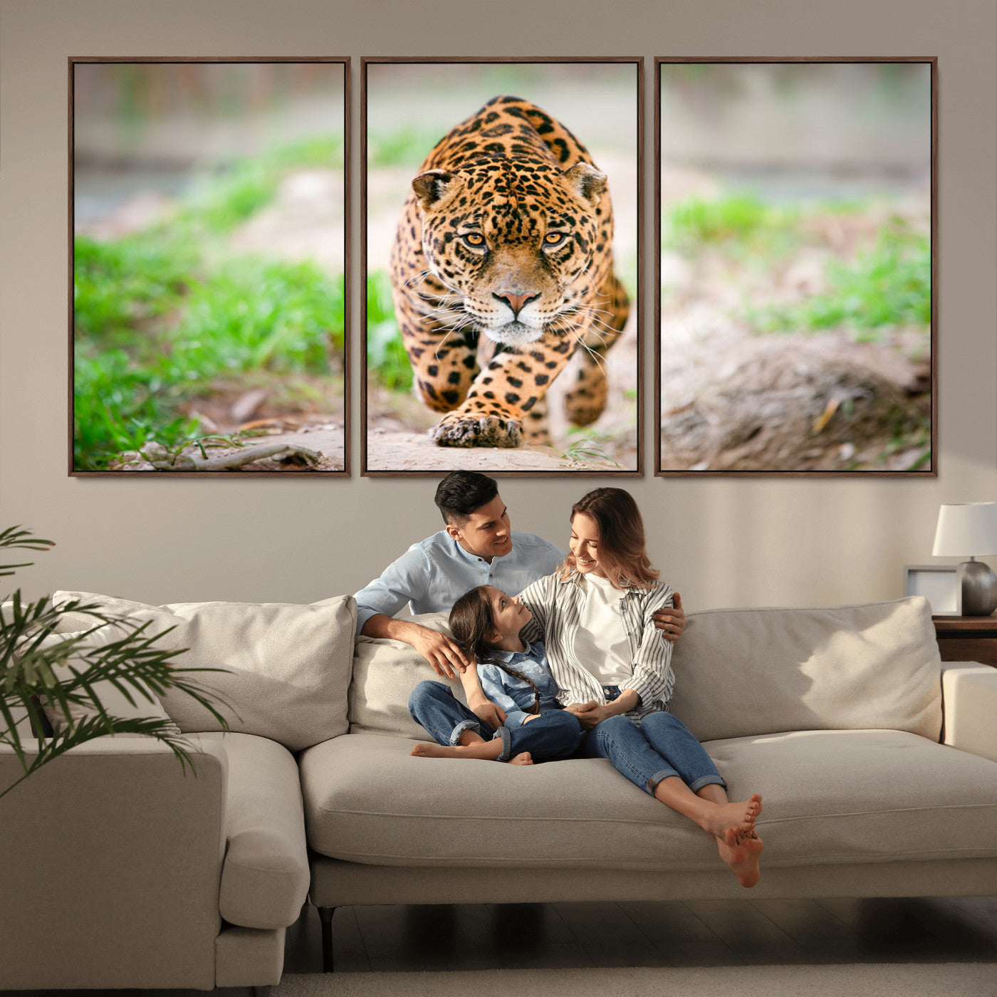 MGV-FC-60X30-3P - Leopard on the Prowl - Stunning Large Framed Canvas Wall Art for Living Room, Bedroom, or Office Décor, Vibrant Wildlife Print, Ready to Hang