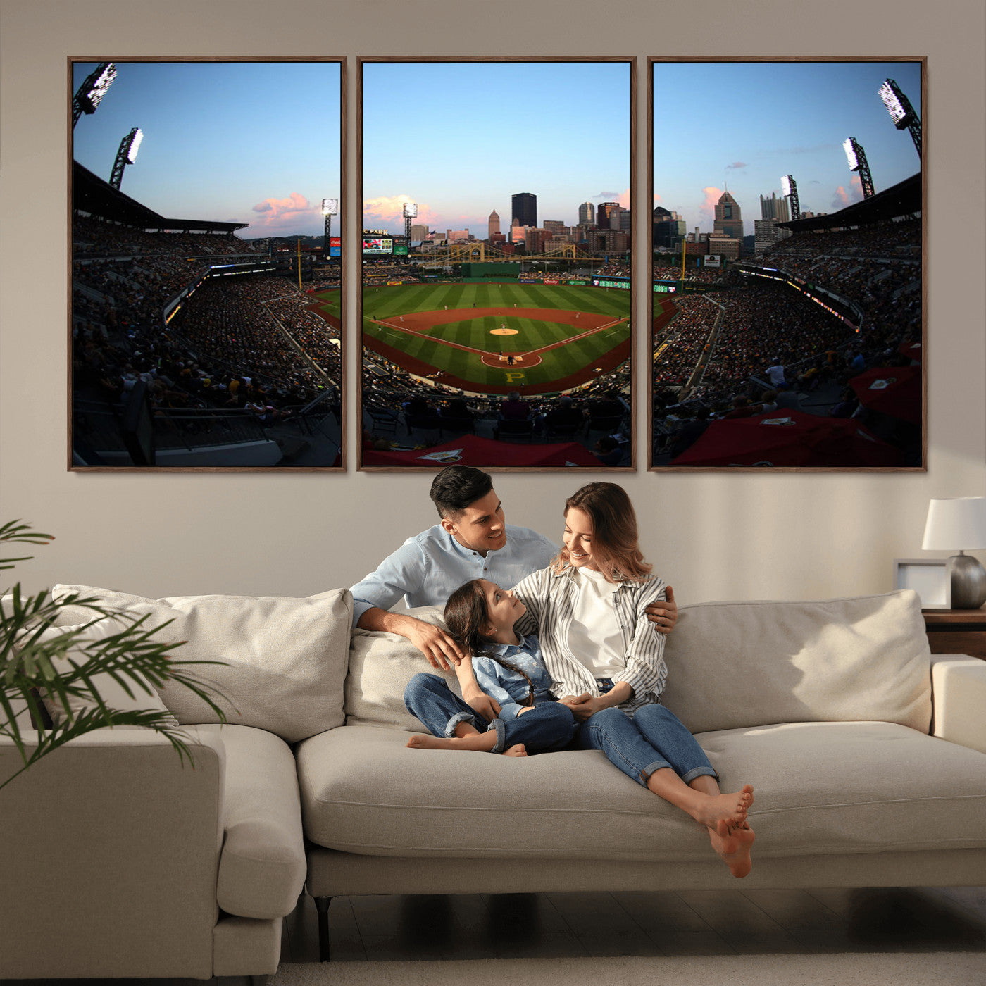 MGV-FC-60X30-3P - PNC Park Evening Game Triple Canvas Wall Art - Pittsburgh Pirates MLB Match - PNC Park Stadium Wall Art Canvas Print
