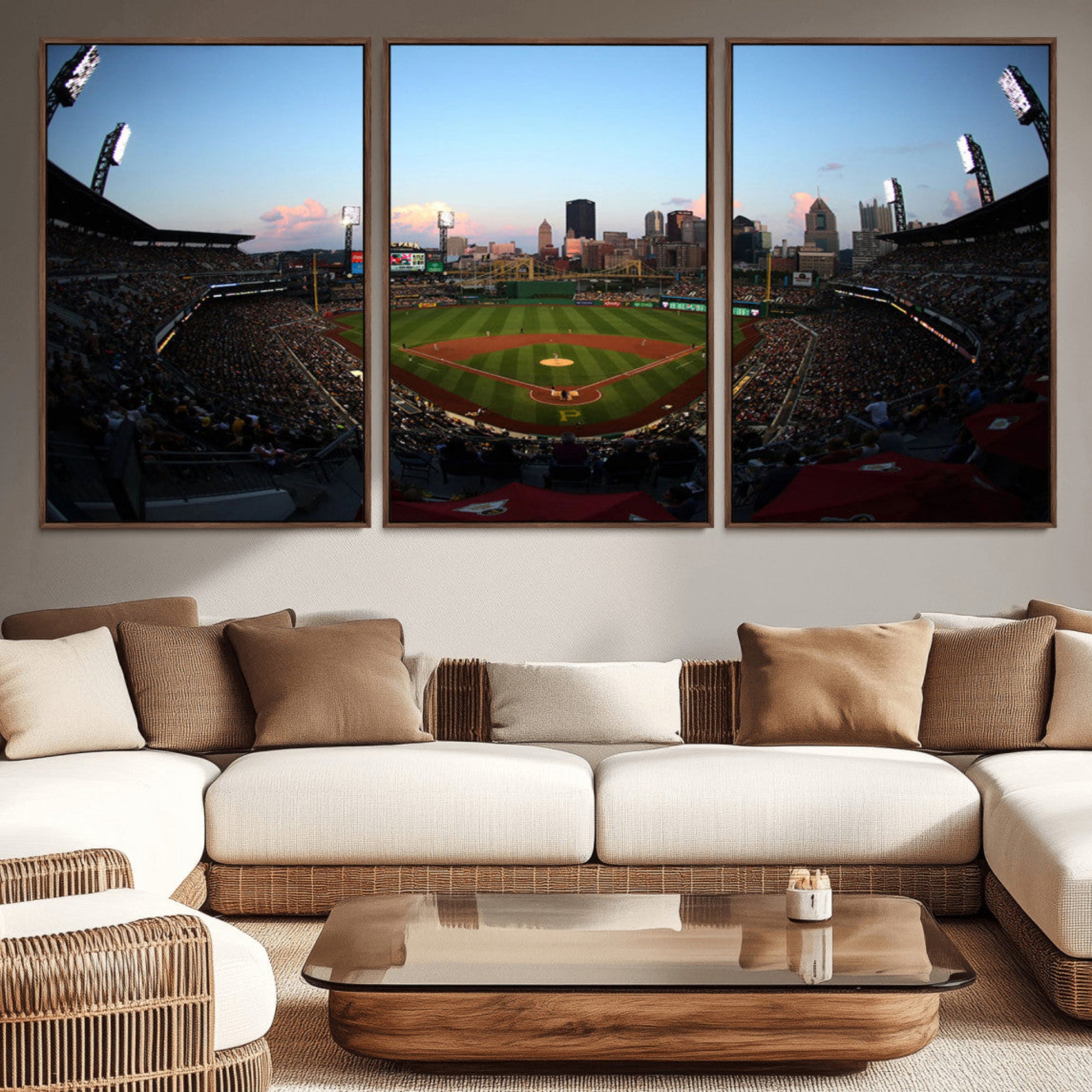 67670-MGV-CV-36X24-PNC Park Evening Game Triple Canvas Wall Art - Pittsburgh Pirates MLB Match - PNC Park Stadium Wall
