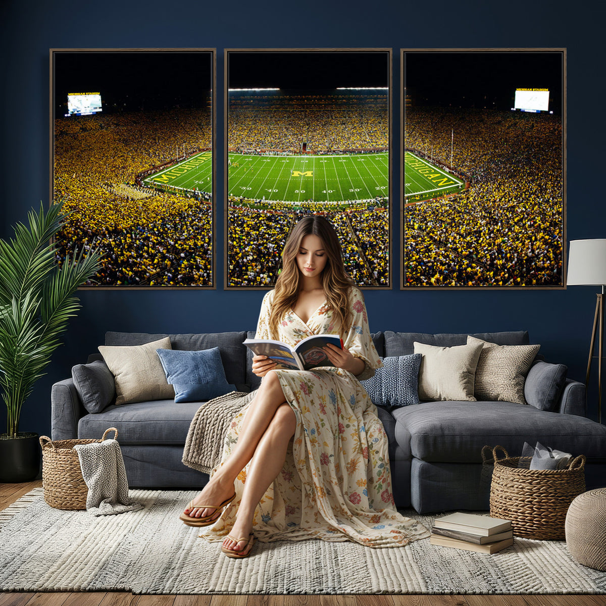 26166-MGV-CV-36X24 - Stadium in Michigan Wall Art Canvas Print, Framed American Football Stadium Art