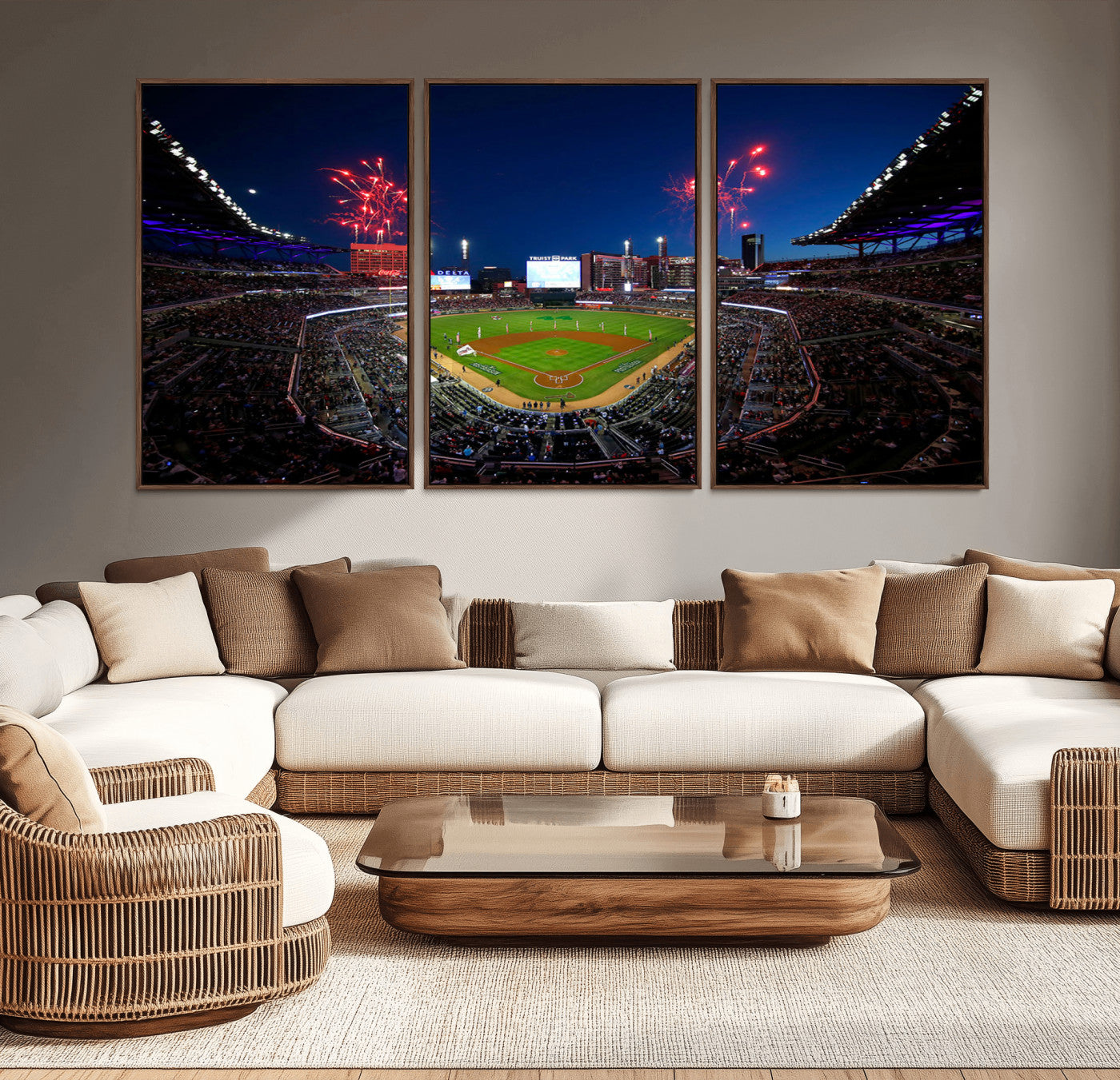 MGV-FC-60X30-3P - Truist Park Atlanta Braves Baseball Stadium Wall Art Print | Large 3-Panel Canvas Print for Sports Fans | Framed, Ready-to-Hang Baseball Decor