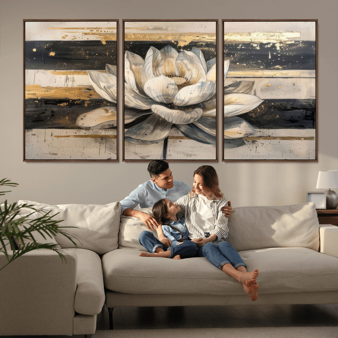 MGV-FC-60X30-3P - Lotus Flower Wall Art Canvas Print, Framed Abstract Lotus Art Picture Print, White Lotus Flower Perfect Abstract Floral Decor Artwork
