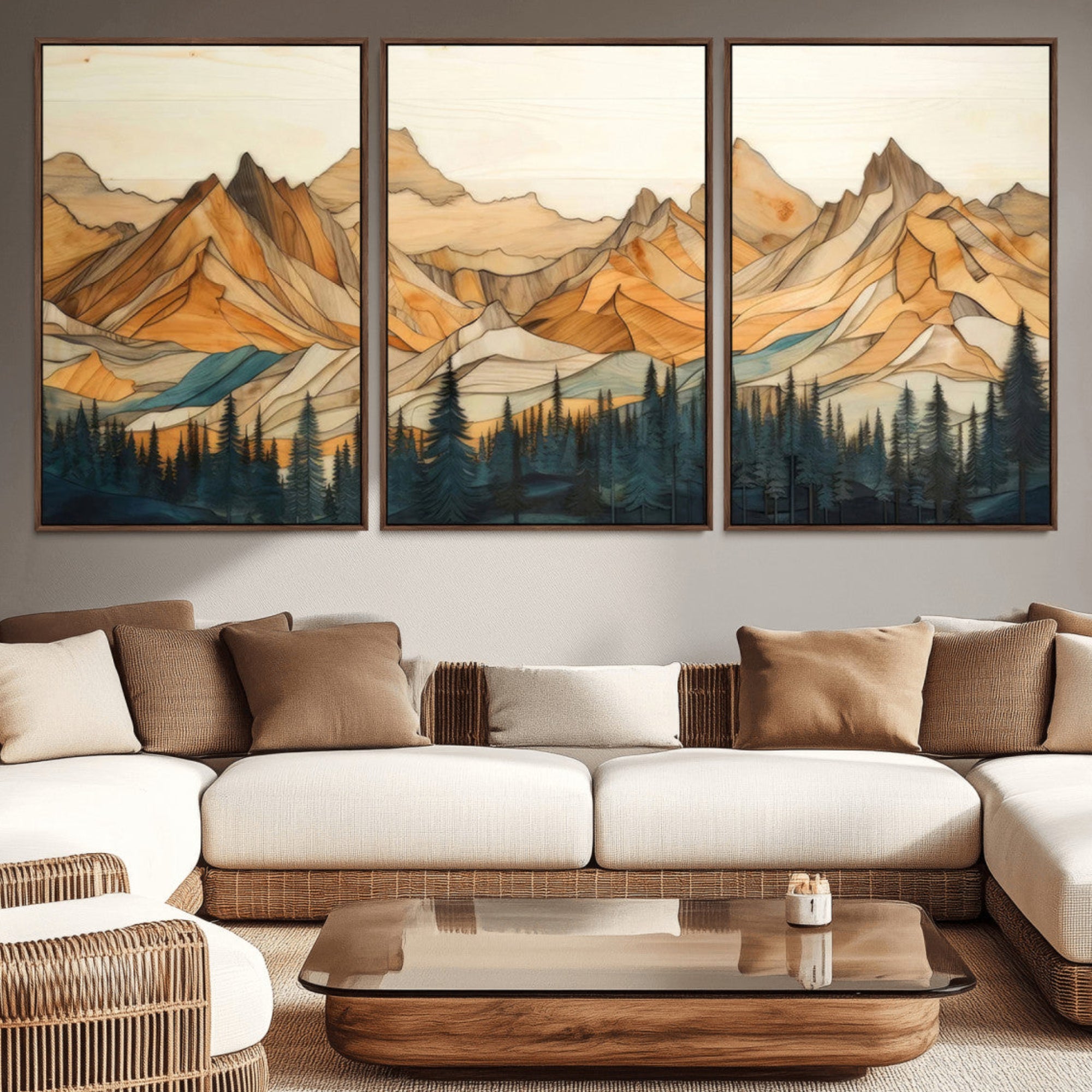 31576-MGV-CV-36X24-Rustic Wood Mountain Wall Art Print | Triptych Giclee Print Featuring Handcrafted Forest and