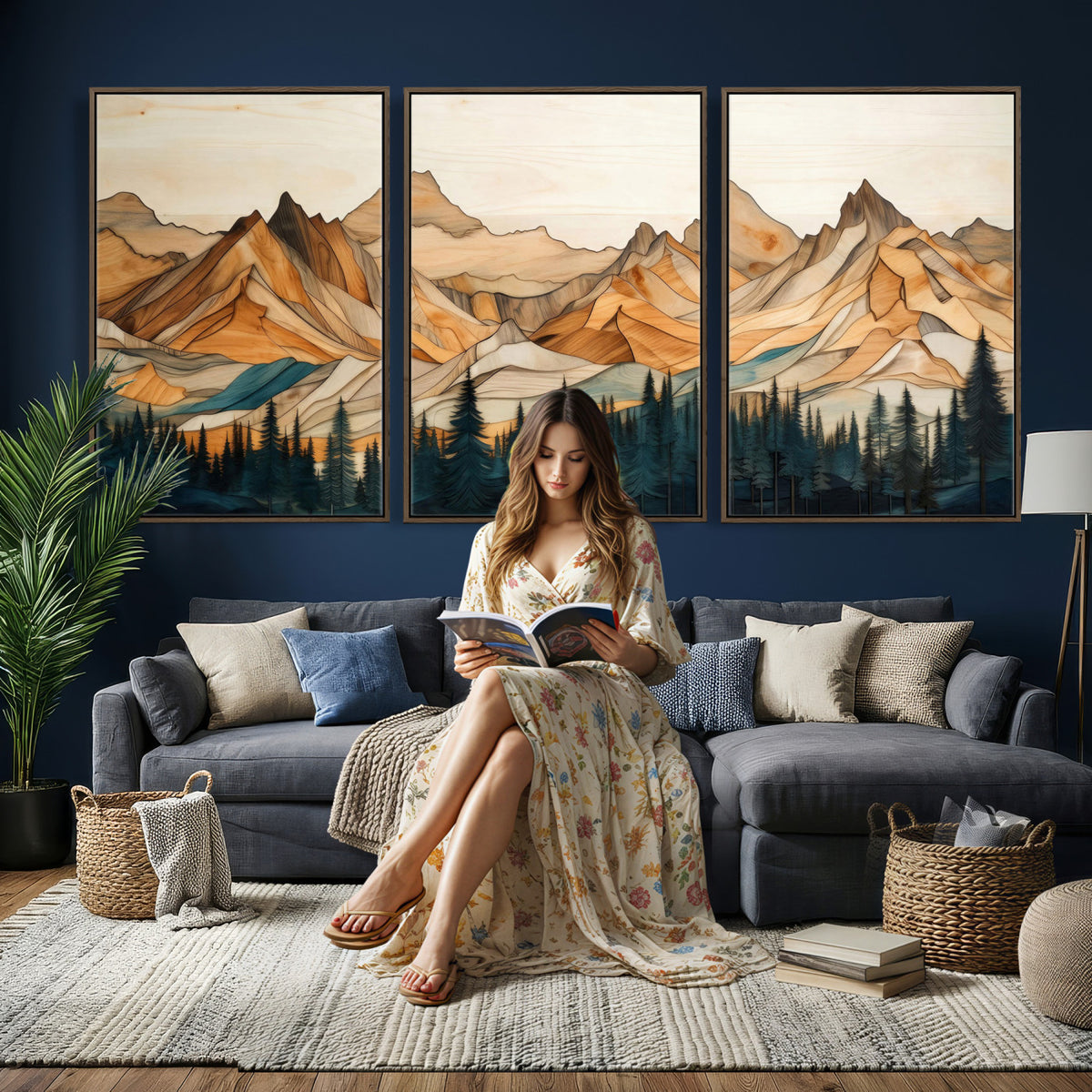 31576-PAN-FL-20X10 - Rustic Wood Mountain Wall Art Print | Triptych Giclee Print Featuring Handcrafted Forest and