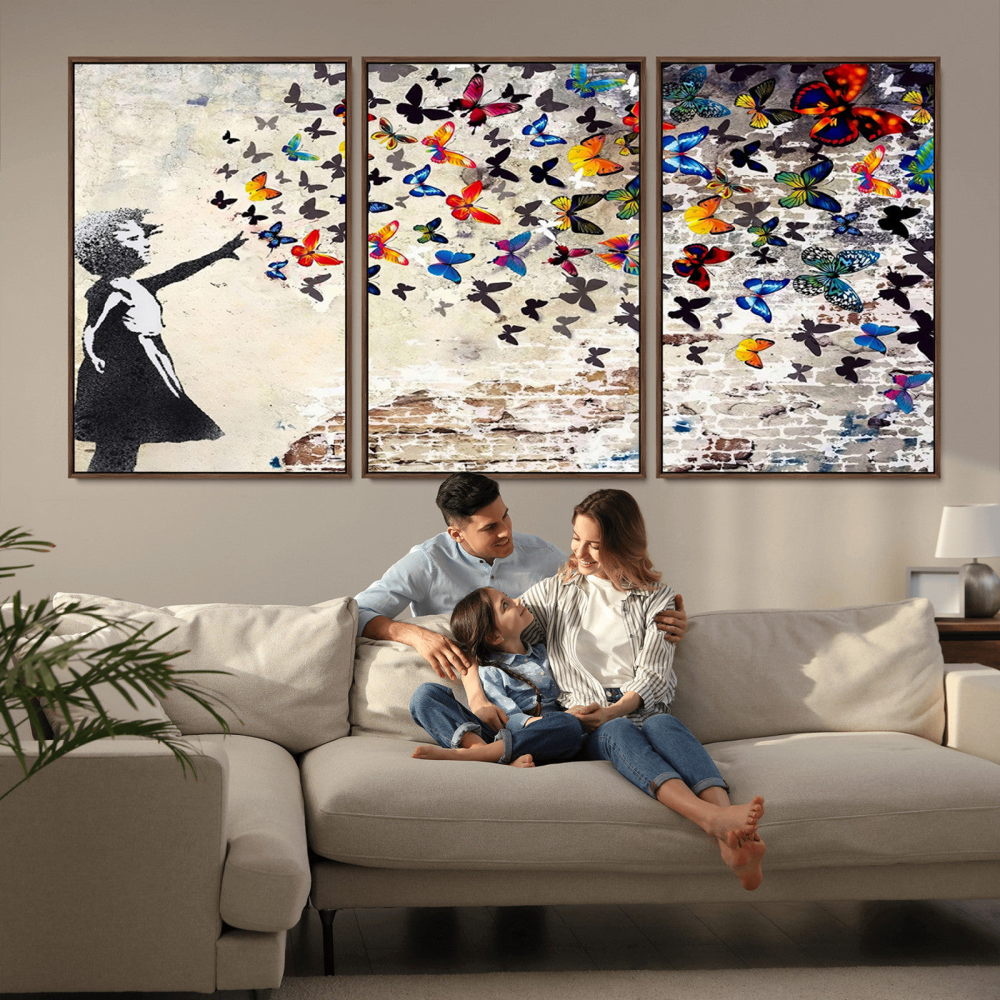 MGV-FC-60X30-3P - Banksy Graffiti Wall Art Canvas Print: Girl Releasing Vibrant Butterflies – Ready to Hang