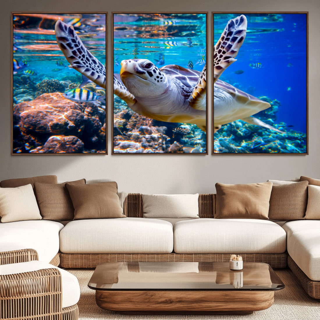 Underwater Sea Turtle Wall Art Canvas Print, Vibrant Ocean Coral Reef Decor