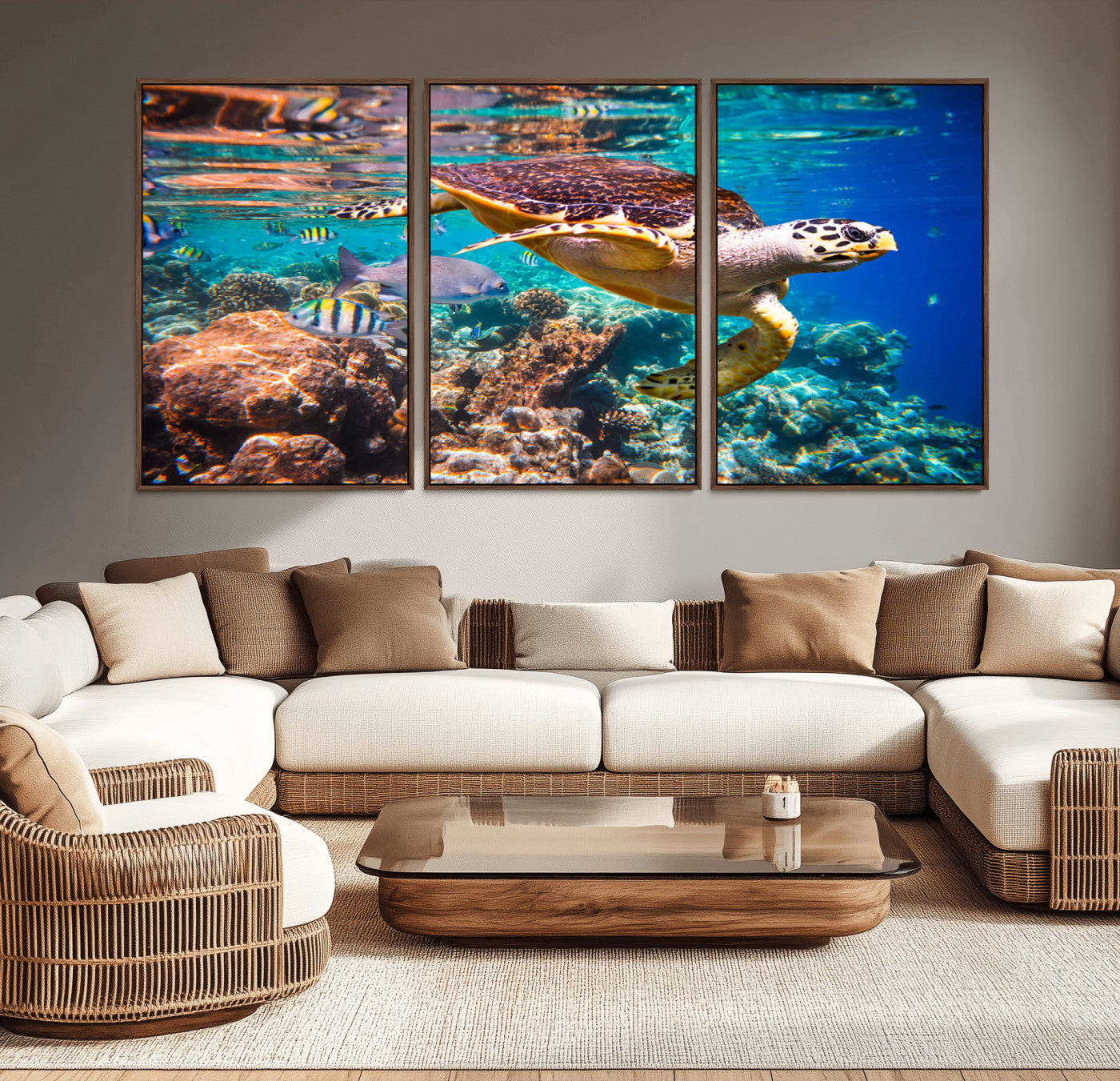 MGV-FC-60X30-3P - Sea Turtle Wall Art Canvas Print – Vibrant Ocean Coral Reef Décor, Ready to Hang