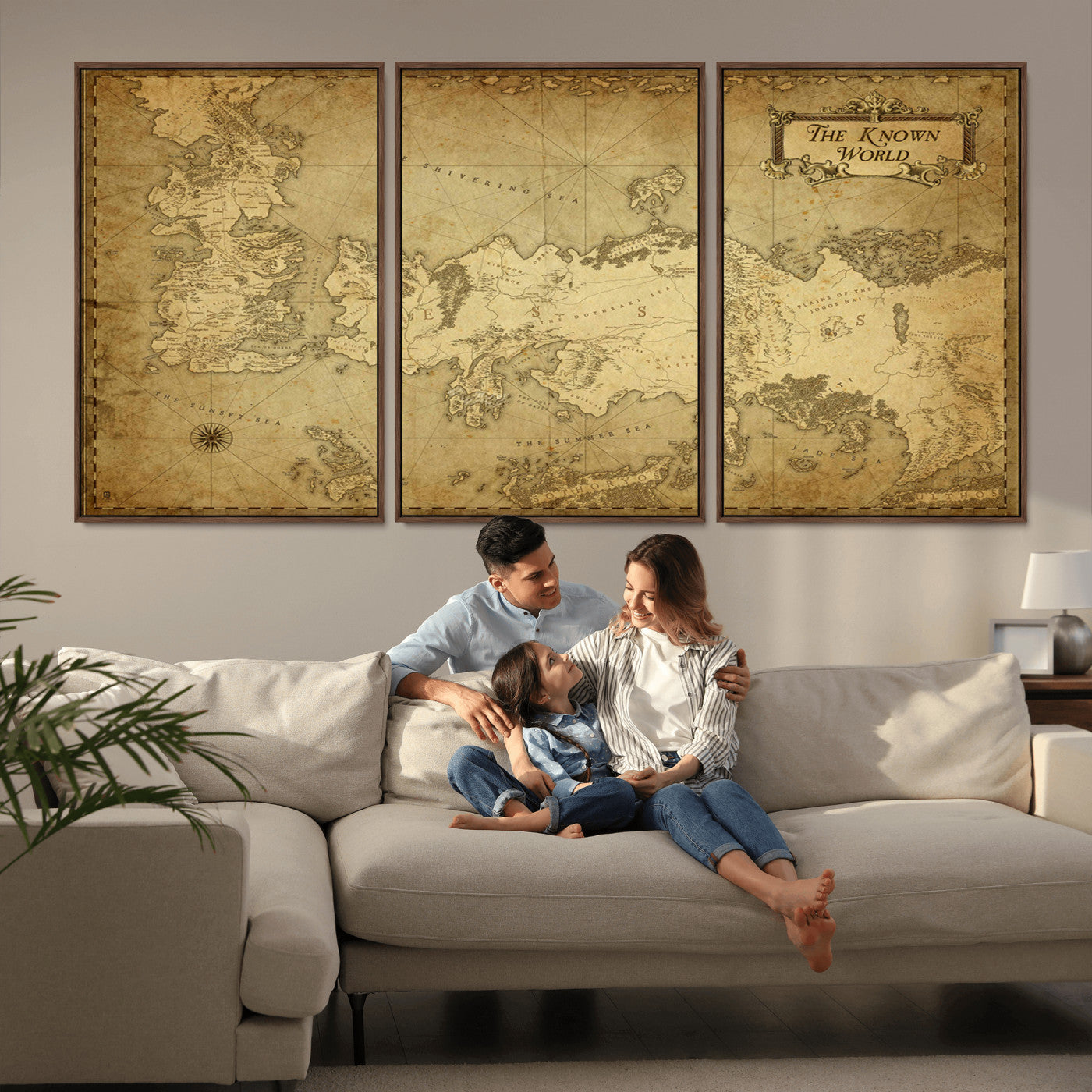 MGV-FC-60X30-3P - Vintage Game of Thrones Map Wall Art | Westeros and Essos Antique Style Print | The Known World in Triptych Canvas | Giclee Canvas for Fantasy Lovers