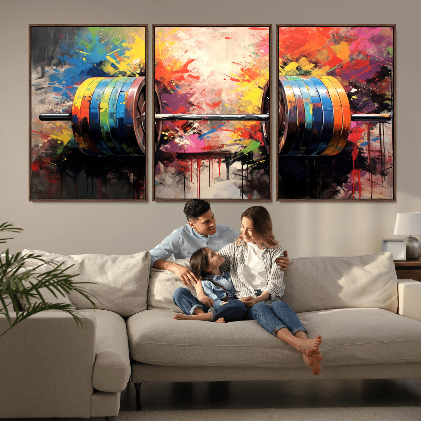 MGV-FC-60X30-3P - Weightlifting Barbell Art Triptych, Bold Abstract Fitness Wall Decor for Gym or Home, Giclee Canvas Print