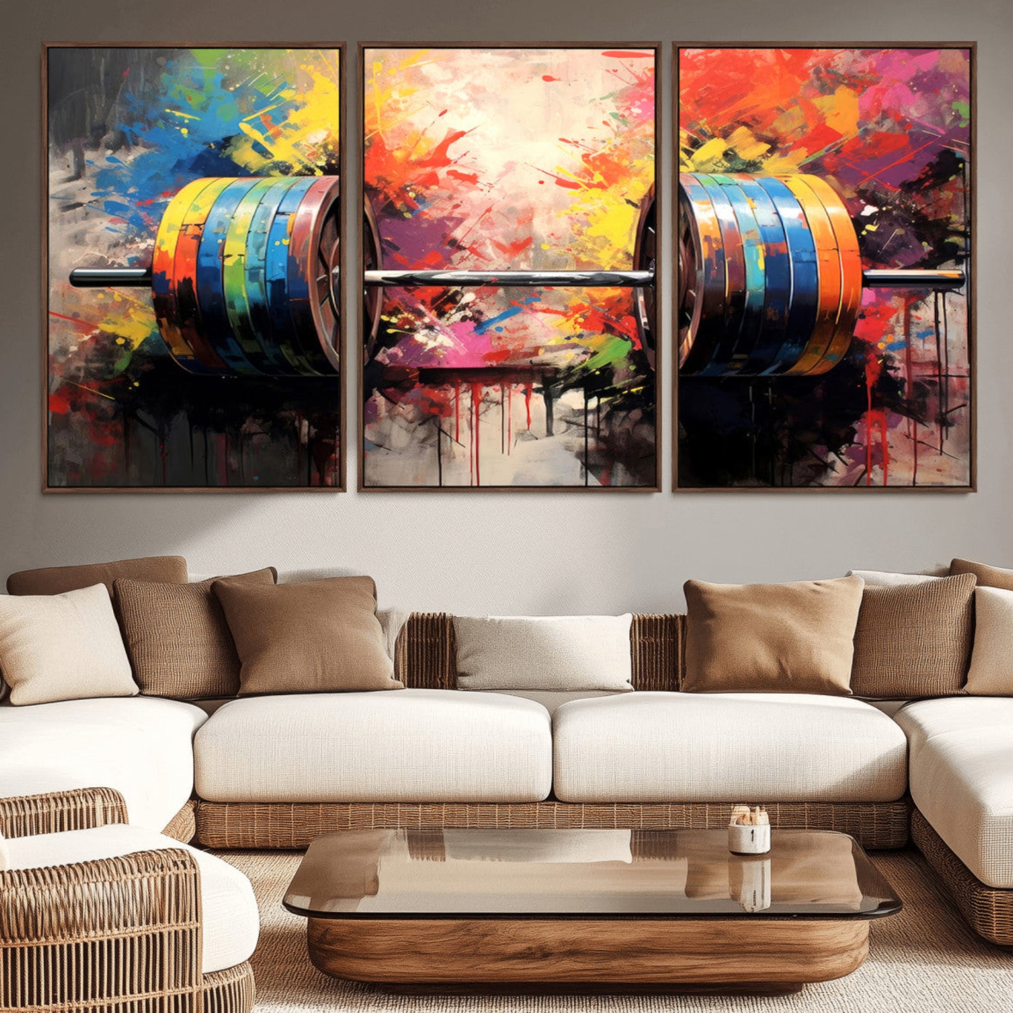 80436-MGV-CV-36X24-Weightlifting Barbell Art Triptych, Bold Abstract Fitness Wall Decor for Gym or Home, Giclee Canvas