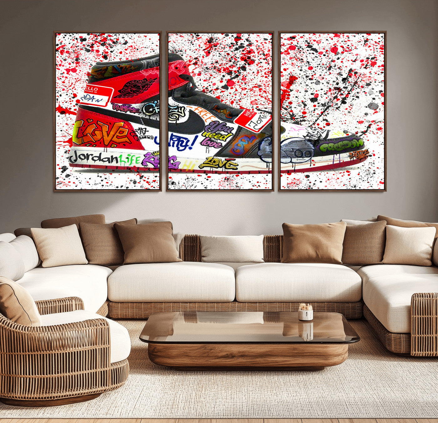 MGV-FC-60X30-3P - Jordan Shoes Graffiti Wall Art Canvas Print- Jordan Graffiti Canvas Wall Art - Framed Perfect for