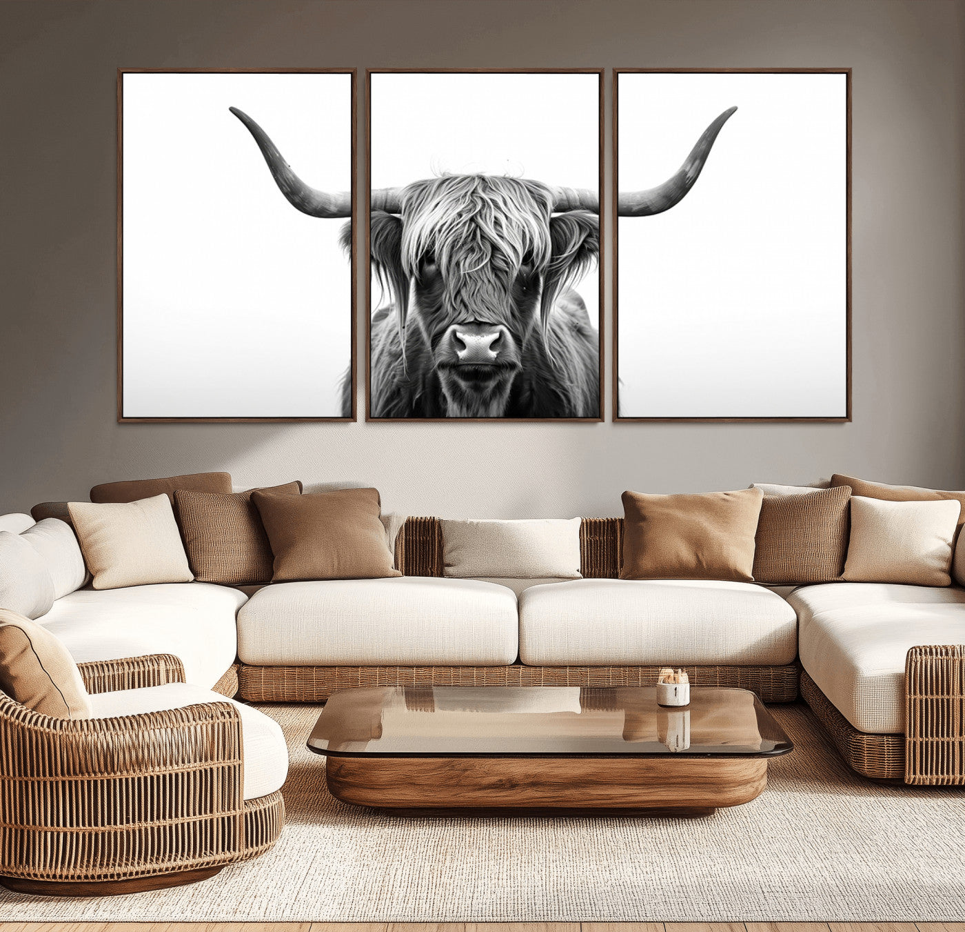 -Highland Wall Art Canvas Print – Minimalist Black and White Farmhouse Décor, Ready to Hang