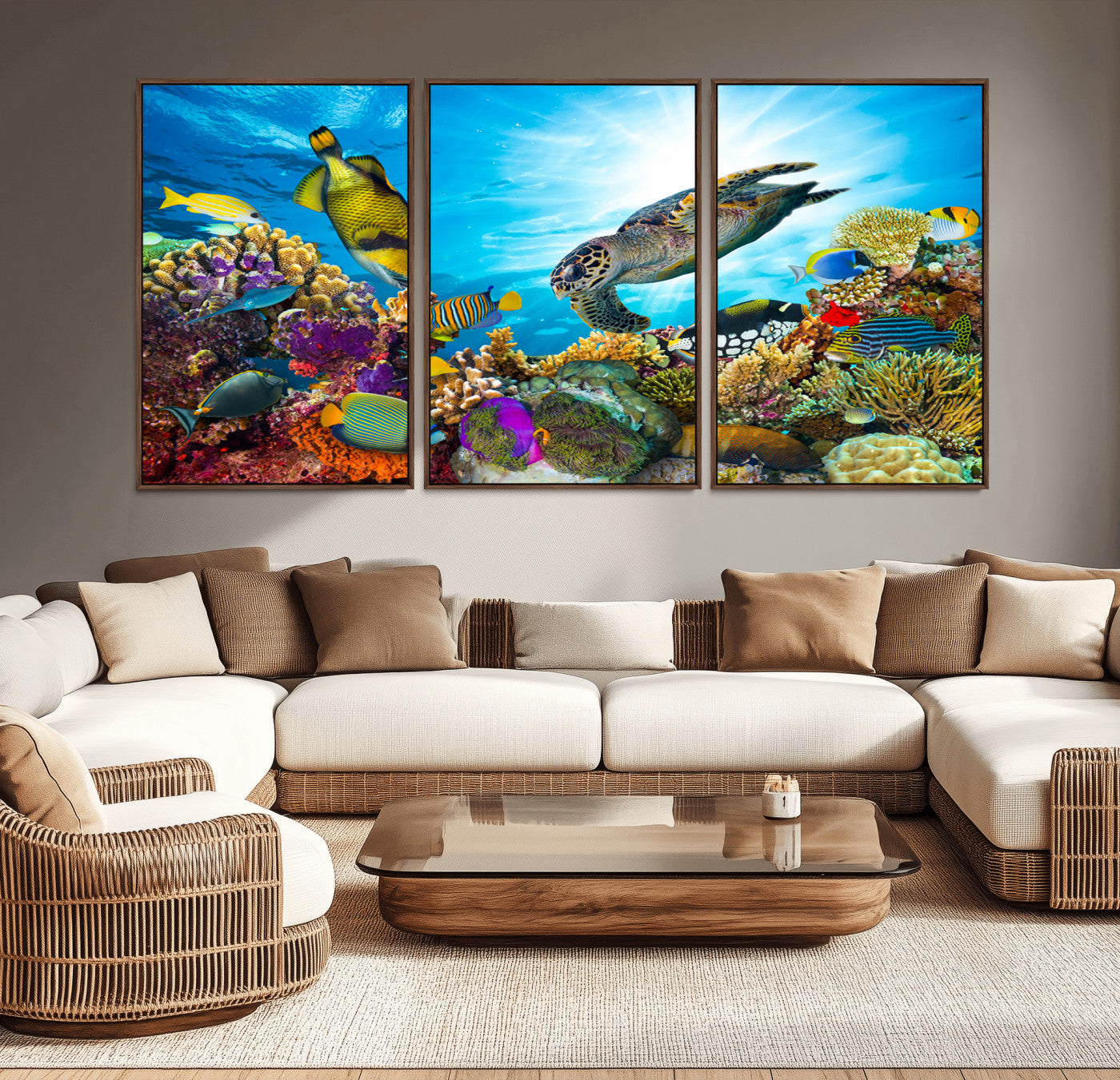 -Colorful Coral Reef and Sea Life Turtle Canvas Print, Underwater Tropical Ocean Wall Art for Home